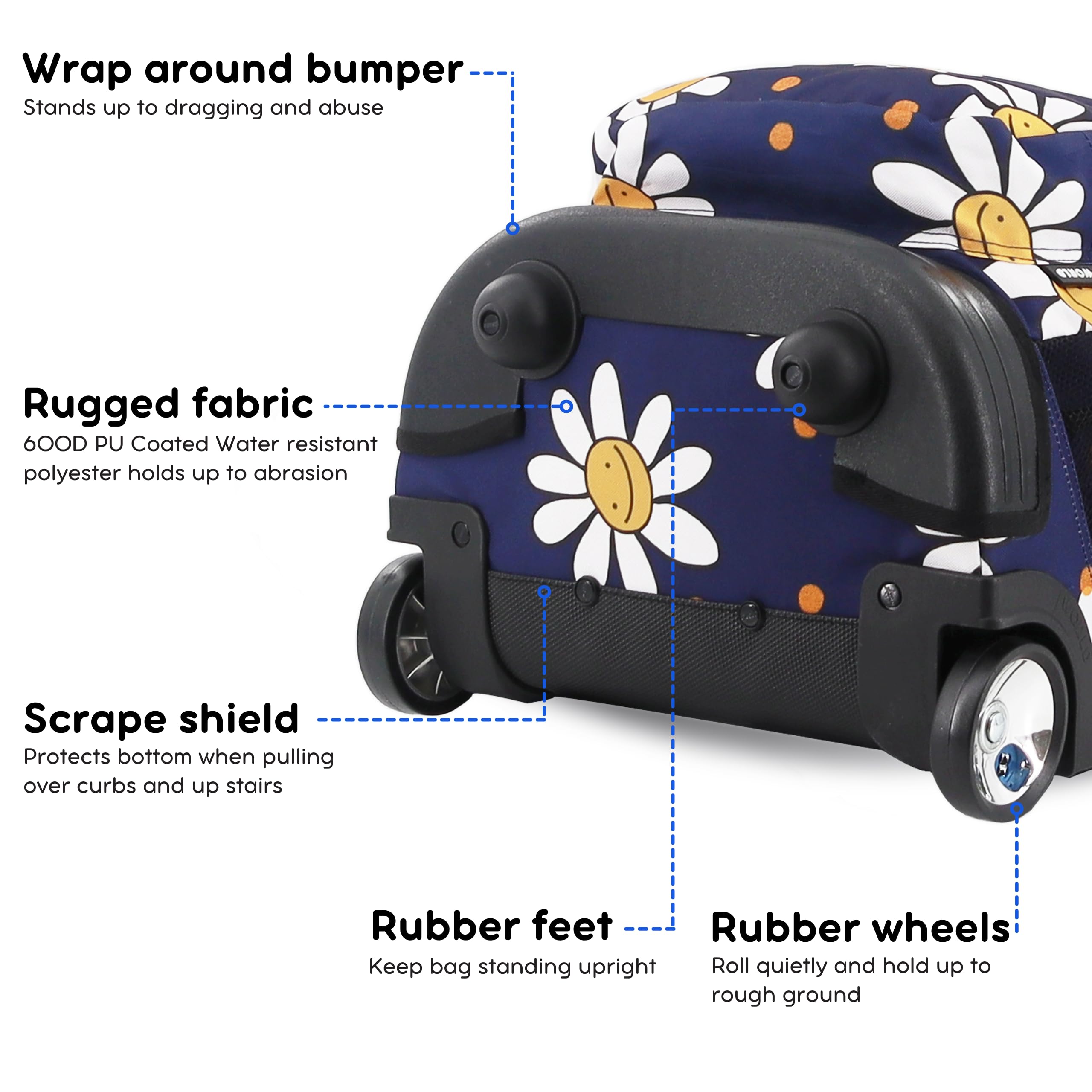 J World New York Sunrise Kids Rolling Backpack - 18 Inch Wheeled Bookbag for Girls & Boys, Teens School Backpack with Wheels - Perfect for School, Travel, and Daily Use (Joy Daisy Design)