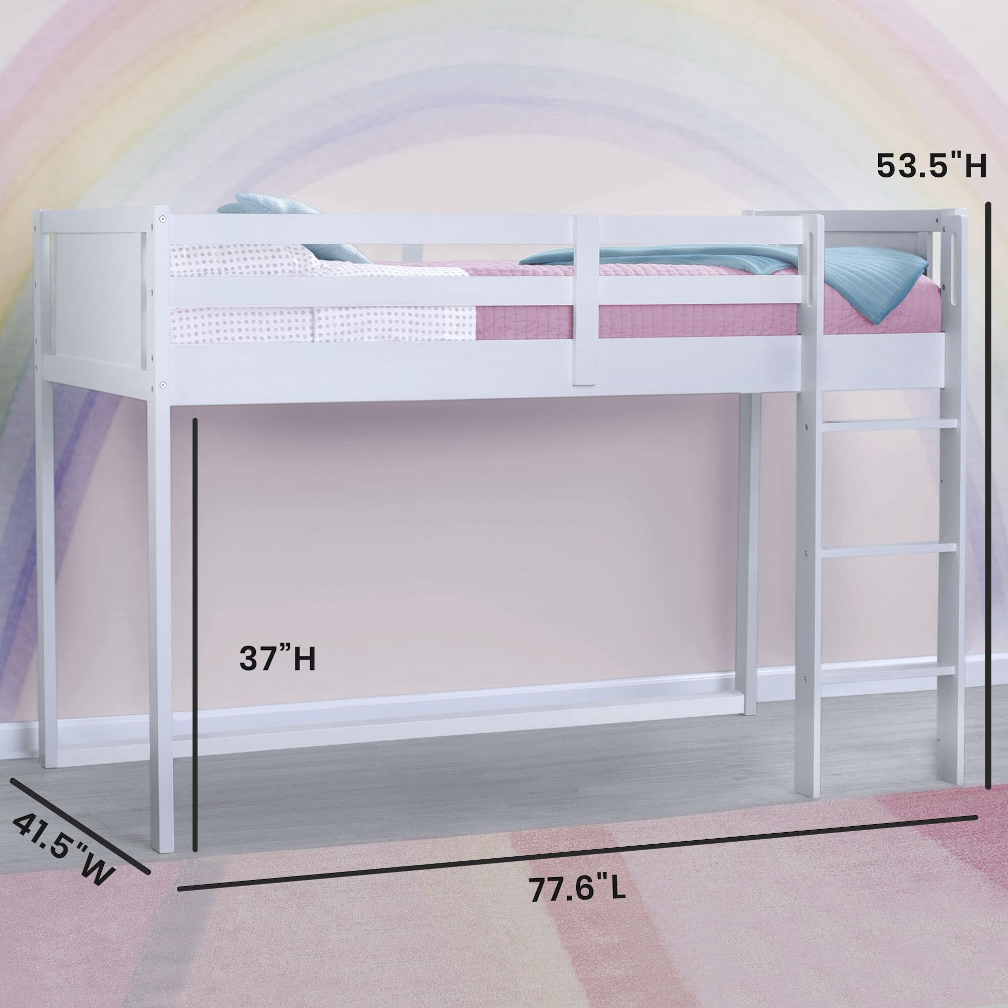 Delta Children Twin Loft Bed with Guardrail & Ladder - White | Safe Kids Bunk Bed for Small Spaces | Coordinates with Disney Princess & JoJo Siwa Tents | Perfect for Bedrooms, Dorms & Tiny Homes