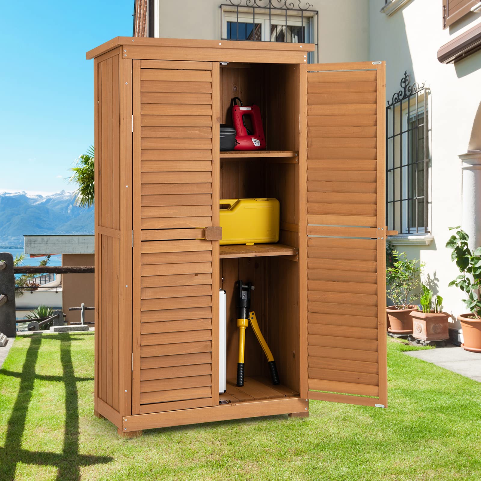 Goplus Outdoor Storage Cabinet - Weatherproof Wooden Shed with Lockable Latch, Adjustable Shelves & Durable Pitch Roof - Perfect Vertical Garden Tool Organizer for Backyard, Patio, Deck & Garage Storage (Ideal for Storing Lawn Equipment, Gardening Tools & Outdoor Accessories)