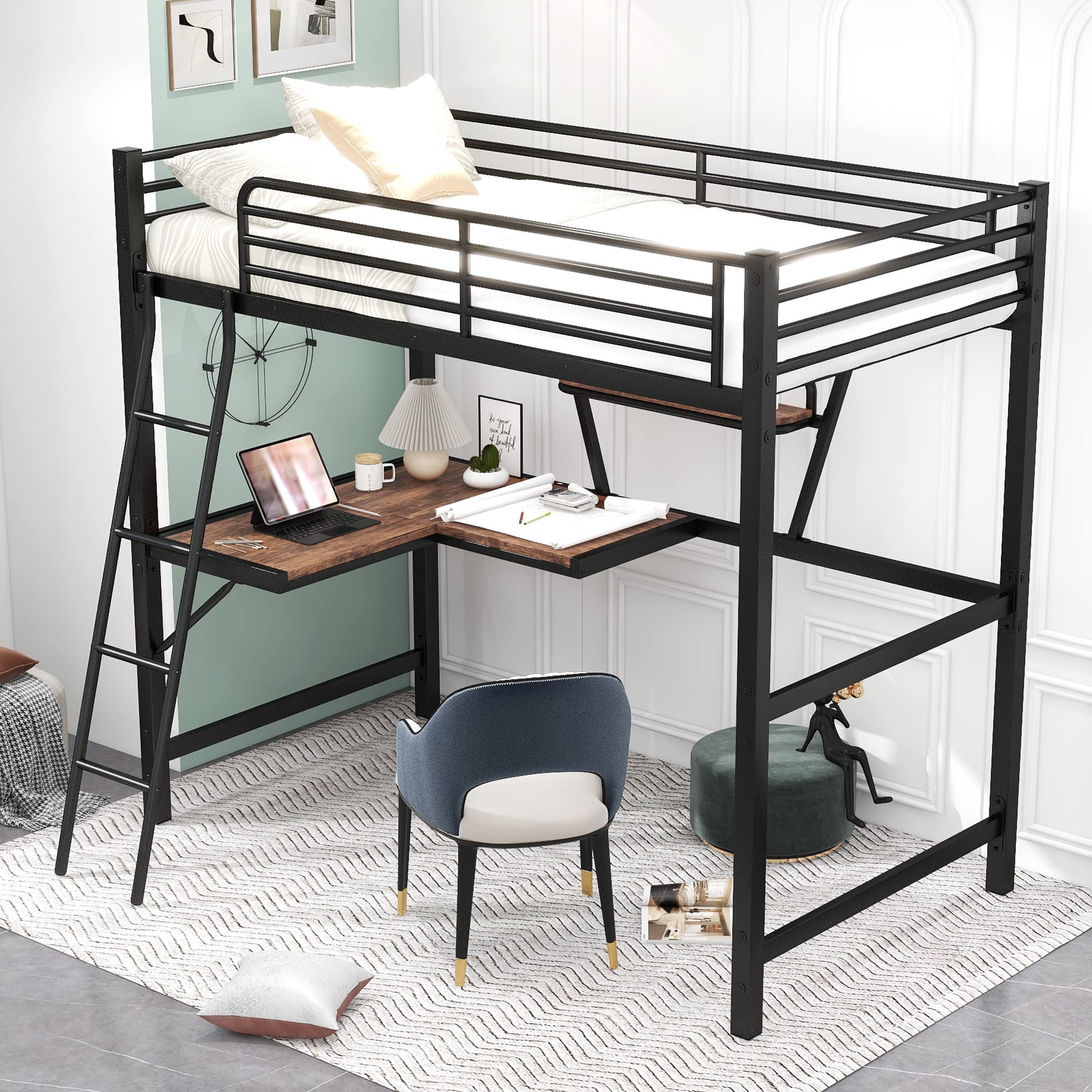 KLMM Modern Twin Size Loft Metal & MDF Bed with Built-in Desk and Shelves - Space Saving Study Bed for Teens & Adults - Perfect for Small Bedrooms, Dorm Rooms & Studio Apartments (Black)
