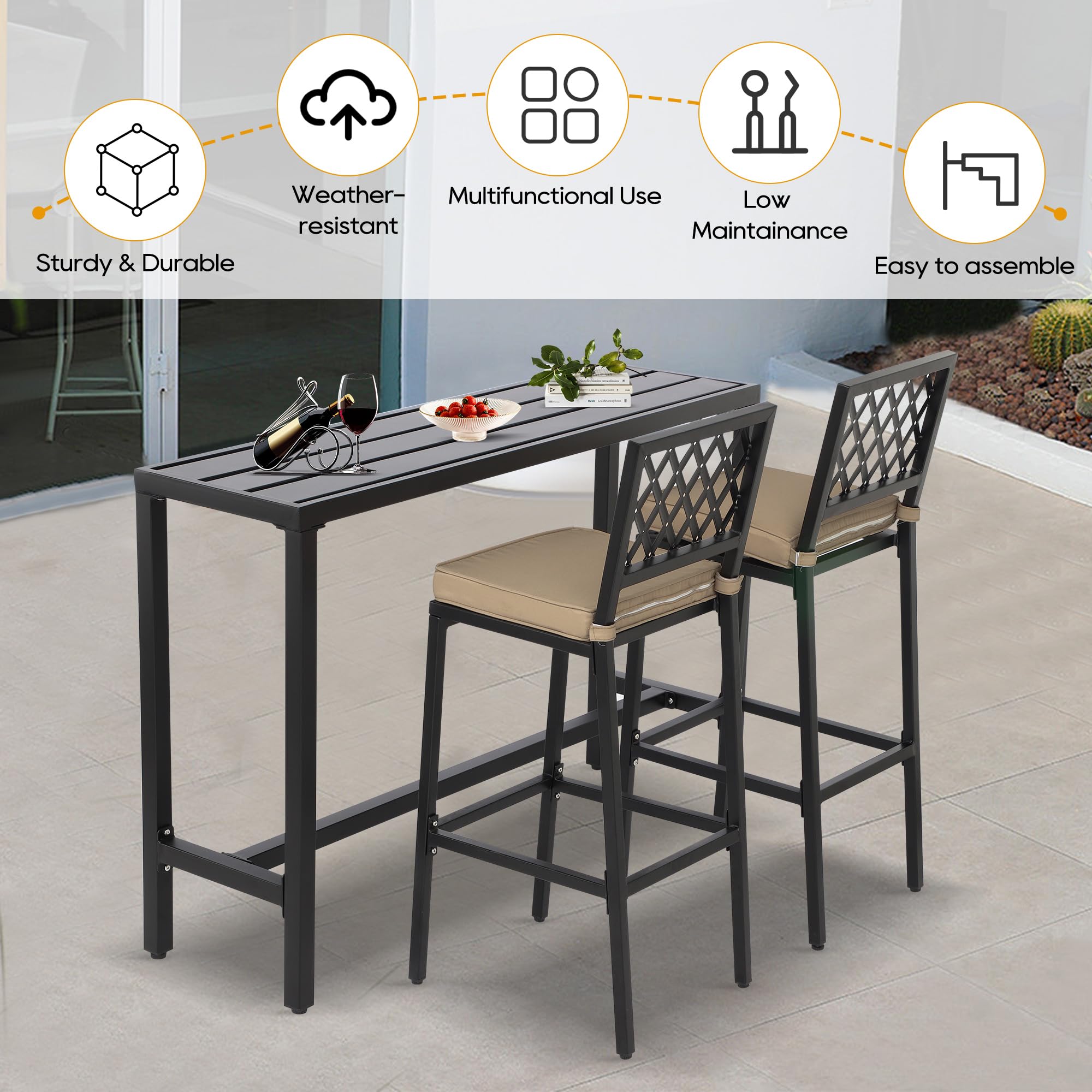 **Outdoor Patio Bar Set - Weather-Resistant Bistro Counter Height Dining Set with Cushions & Slatted Tabletop for Backyard, Garden, Deck, or Poolside Relaxation**