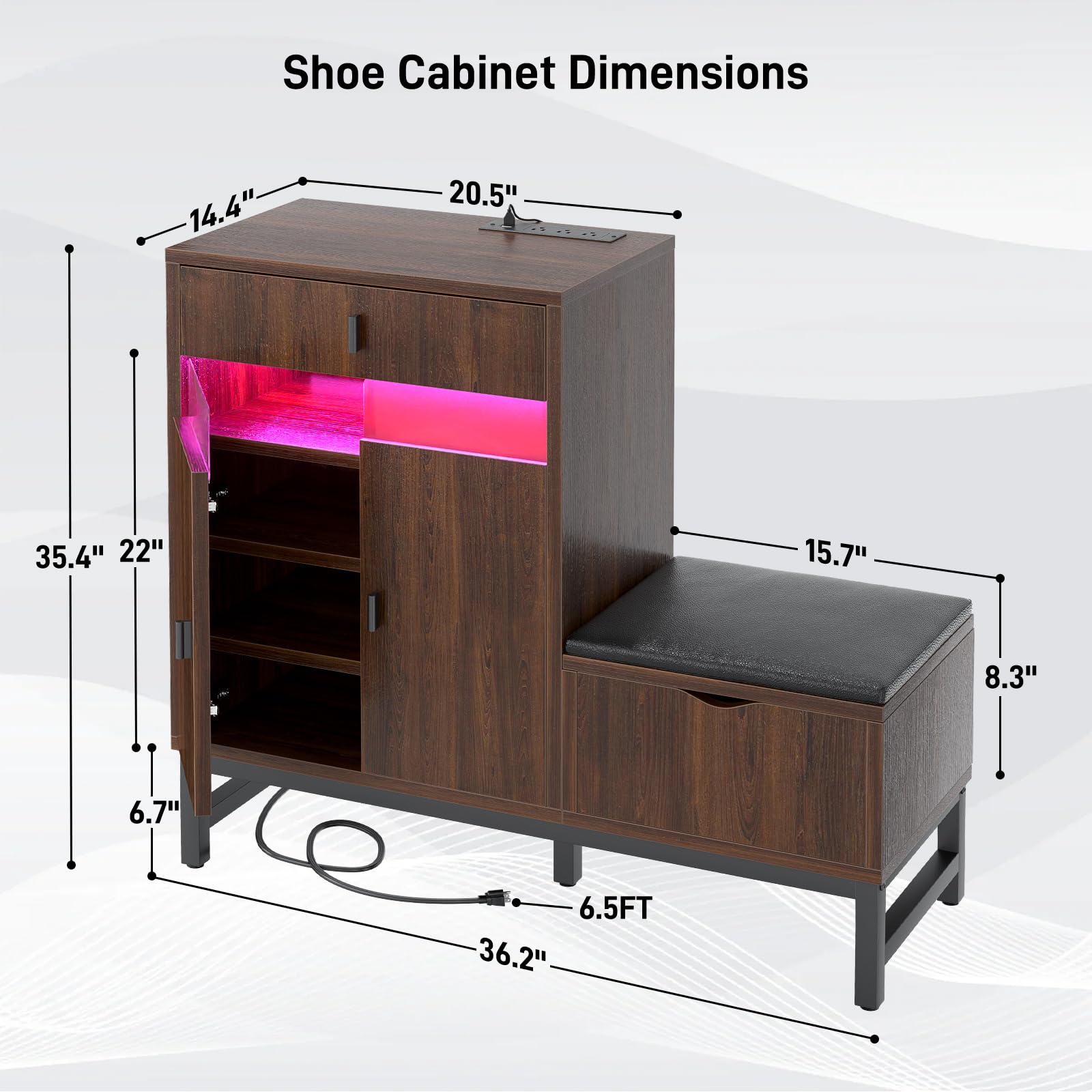 Armocity Freestanding Shoe Cabinet with LED Lights & Power Outlets - Entryway Shoe Storage Bench with Reversible Design, Drawer & Hidden Compartment (Black Walnut) - Perfect for Organizing Shoes in Hallway, Mudroom or Bedroom Closet