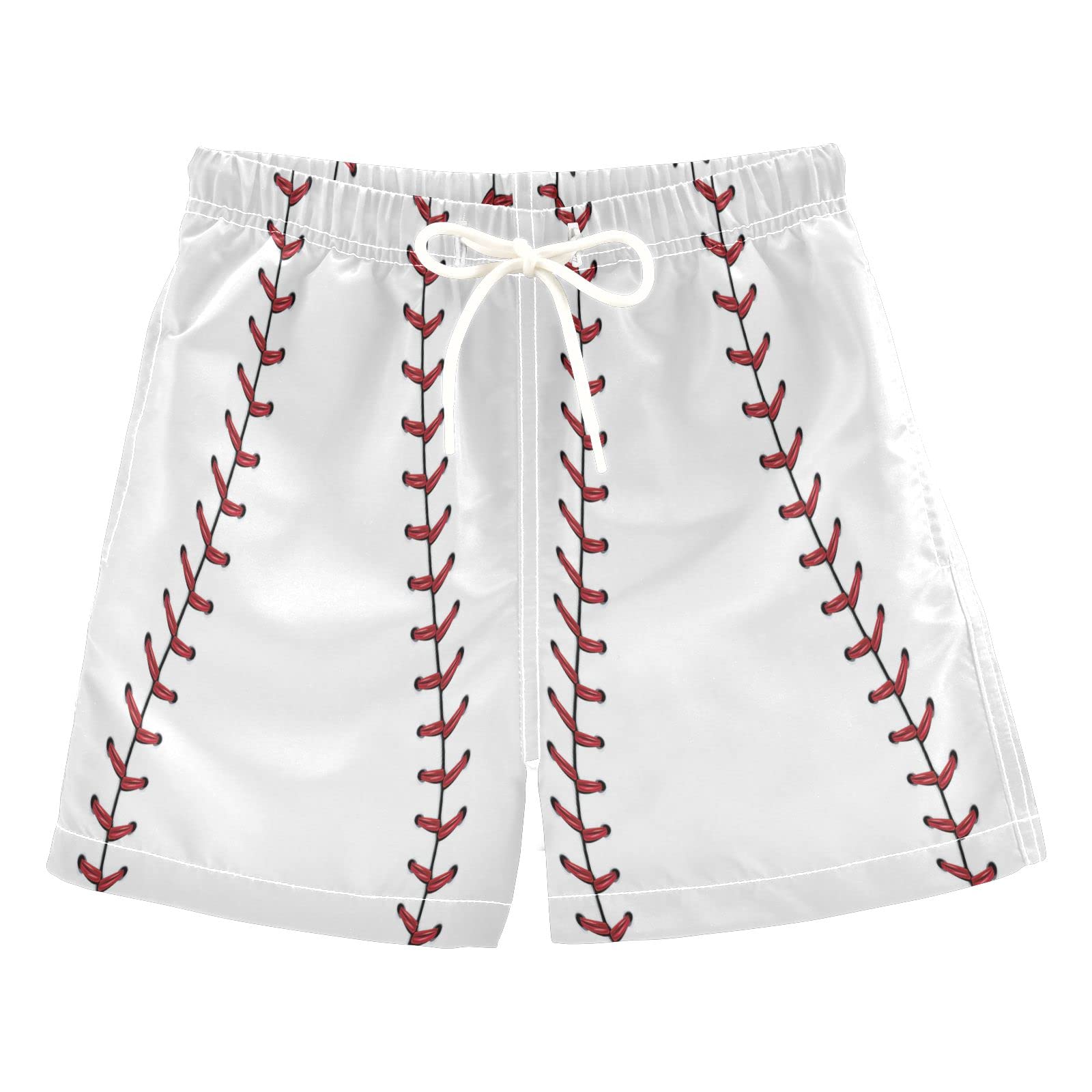 **Boys' Swim Trunks with Softball & Baseball Print - Red Lace-Up Sports Design for Toddlers (2T) - Quick-Dry Beach Board Shorts for Swimming, Pool, and Summer Play**