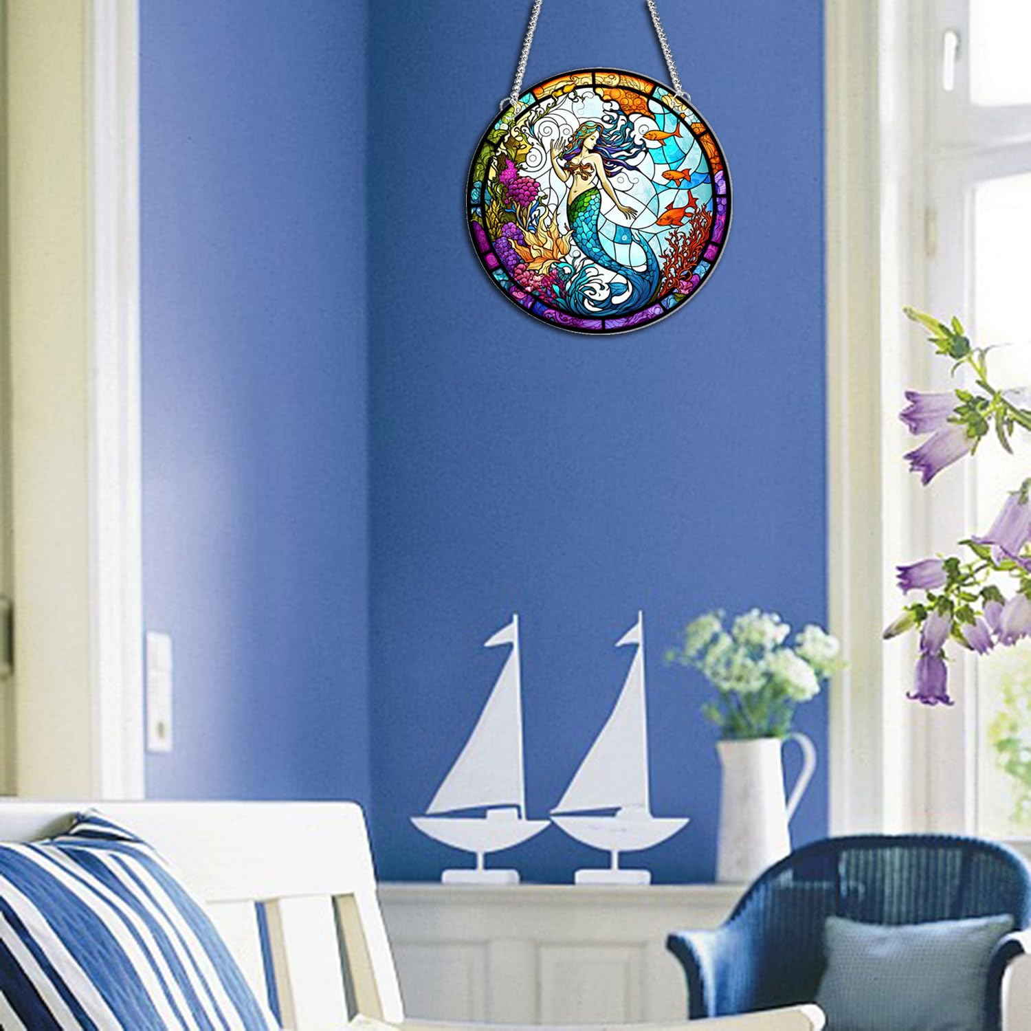 MATIHAY Mermaid Stained Glass Acrylic Window Hanging - Ocean Themed Wall Art Decor for Home, Bedroom, Living Room - Perfect Housewarming Gift for Beach Lovers (Use in Windows, Sunrooms, or as Unique Coastal Home Decor)