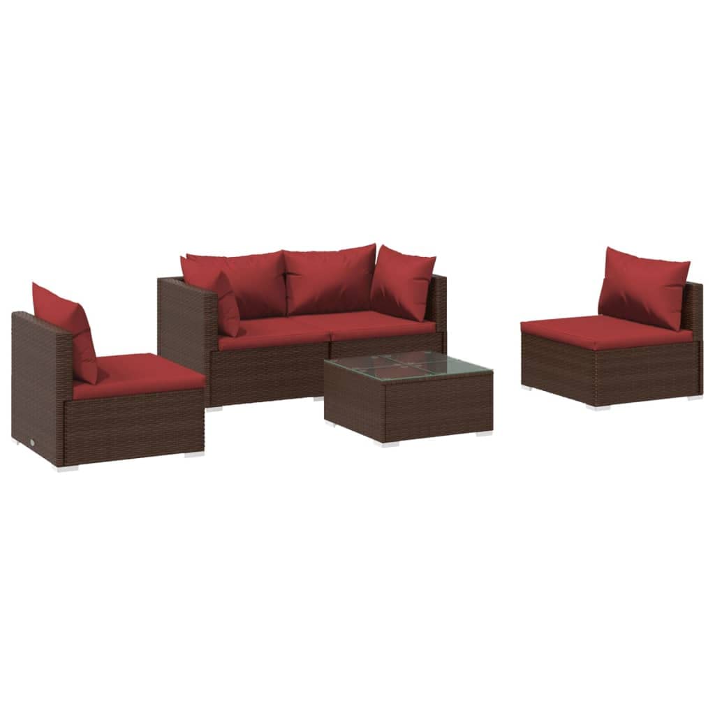 vidaXL 5-Piece Patio Lounge Set - Brown Poly Rattan Outdoor Garden Furniture with Cushions, Sectional Corner Sofa for Backyard, Poolside & Terrace Relaxation