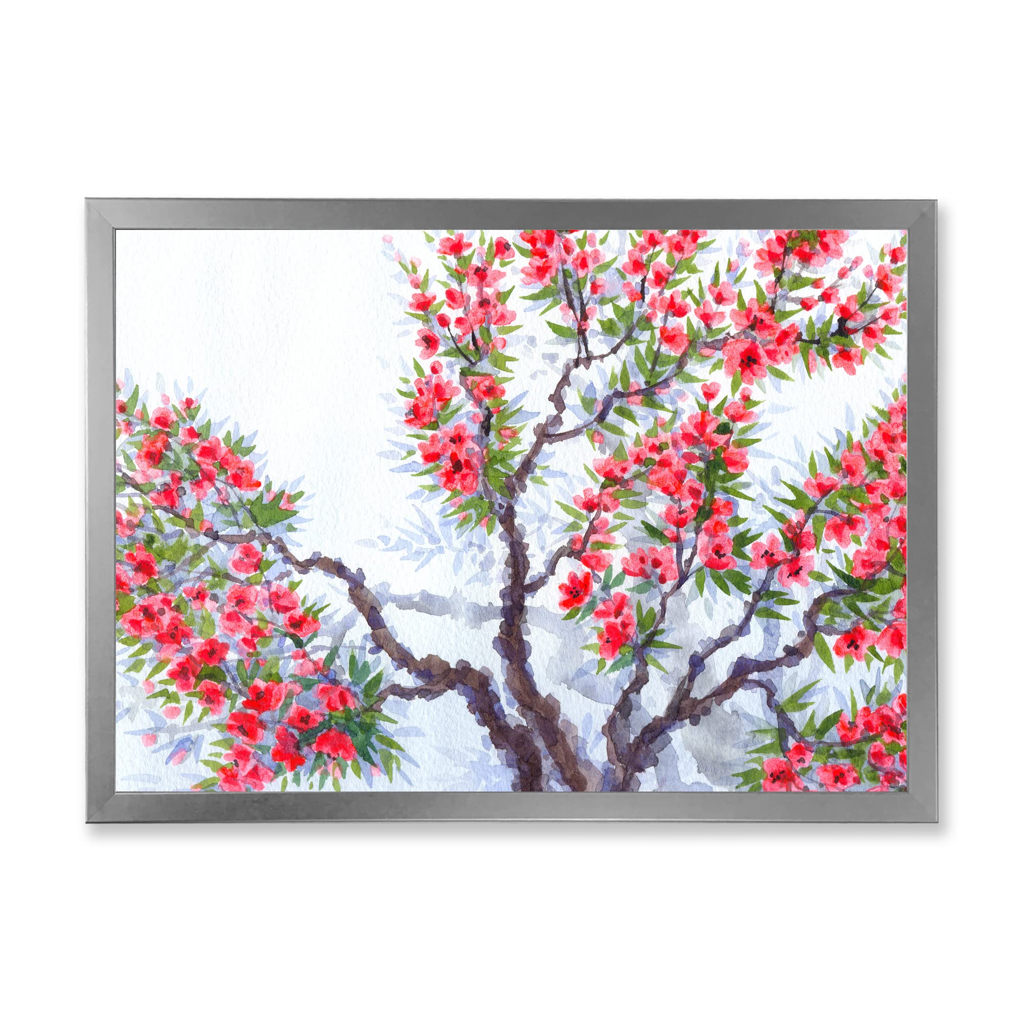 DesignQ Red Flowers of Spring Tree Traditional Framed Wall Art - Hand Painted Canvas Painting for Living Room, Bedroom & Office Decor
