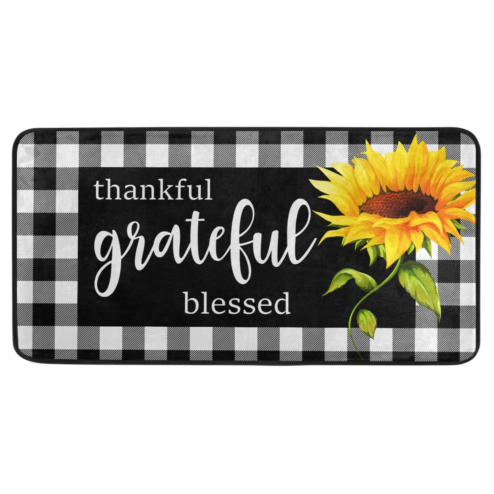 Non-Slip White Buffalo Plaid Kitchen Rugs with Sunflower Design - Cushioned Anti-Fatigue Floor Mats for Sink, Standing & Laundry Room - Washable Home Decor (39x20 Inches) - Perfect for Farmhouse Kitchens, Cozy Breakfast Nooks & Rustic Home Decor