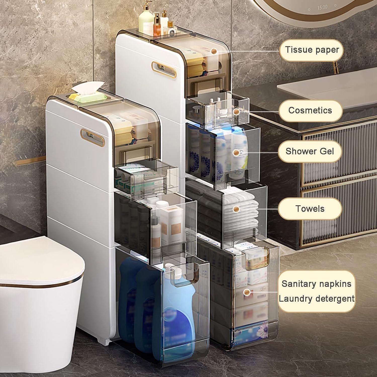 Waterproof Slim Storage Cabinet with Clear Drawers - 3 Tier Narrow Tall Storage Tower Organizer for Bathroom, Kitchen & Small Spaces - Free Standing Toilet Paper Holder & Home Organization Solution