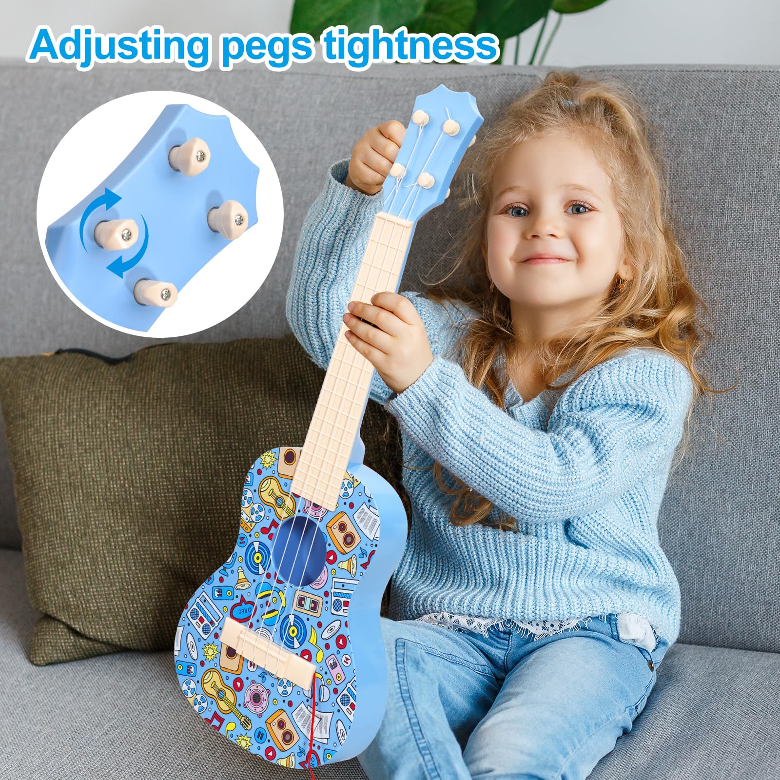 LeeQee 21 Inch Colorful Graffiti Ukulele for Kids - 4 String Beginner Musical Instrument with Picks, Educational Toy for Boys & Girls Ages 3-12 (Blue) | Perfect for Music Lessons, Birthday Gifts & Family Fun
