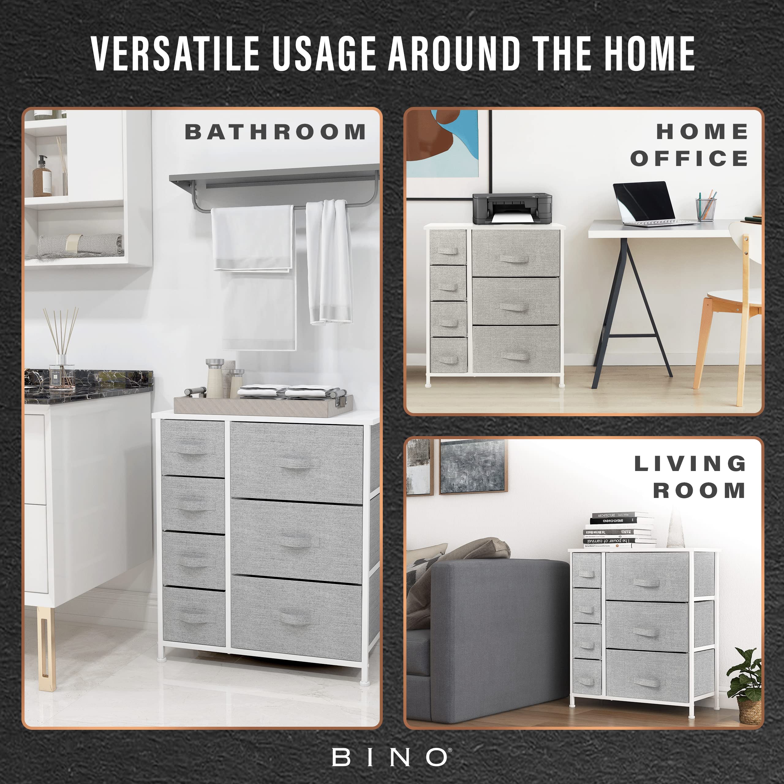 BINO 7-Drawer Fabric Dresser Organizer, Light Grey - Space-Saving Closet Storage Unit with Removable Drawers | Perfect for Bedroom, Nursery, Hallway & Entryway Organization | Foldable Clothes Drawer Tower for Home & Office Use