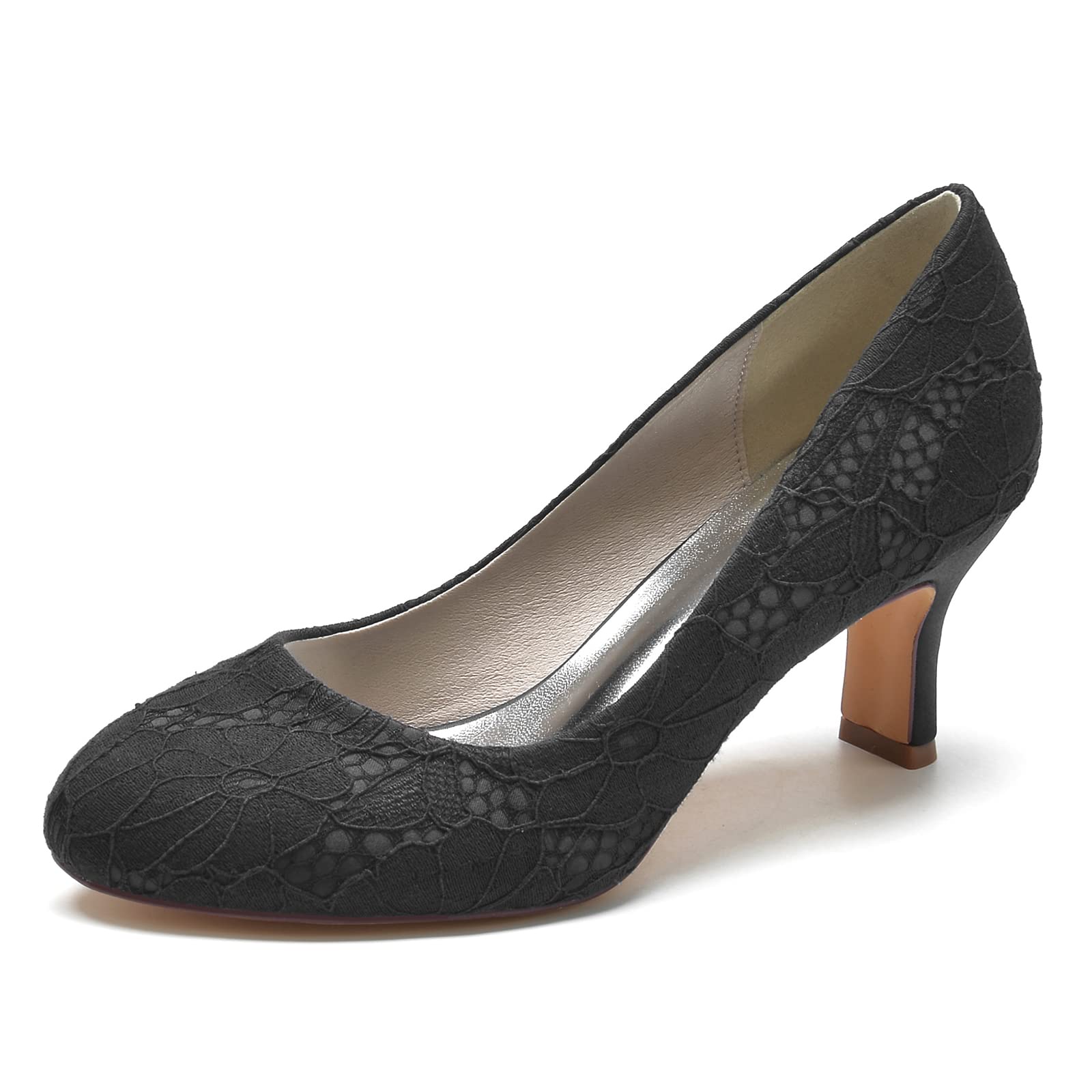 COMFASH Women's Wedding & Evening Closed-Toe Kitten Heel Pumps - 2.56 Inch Heel Lace Slip-On Bridal Shoes for Ceremony, Reception & Formal Events