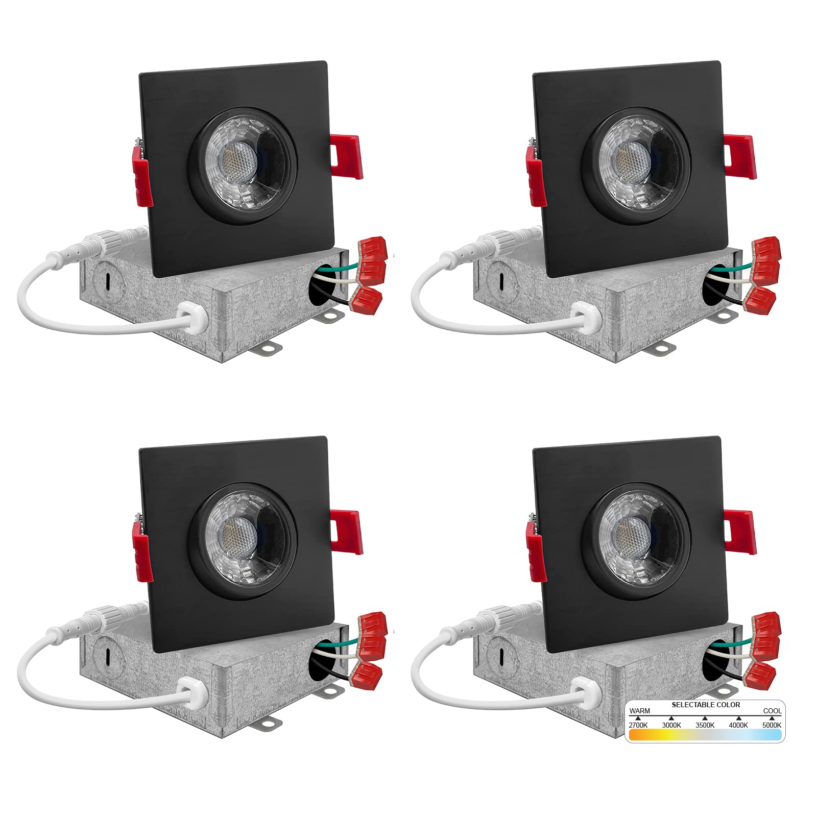 NUWATT 3 Inch LED Gimbal Recessed Lights - Black Square, 5CCT Selectable (2700K-5000K), 8W 600 Lumens, IC & Wet Rated, 120V Dimmable Canless Adjustable Downlight - 4 Pack - Perfect for Living Rooms, Kitchens & Bathrooms