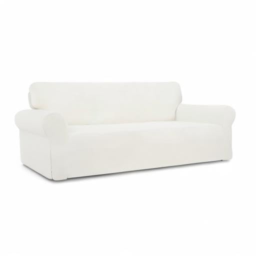 PureFit Stretch Sofa Slipcover - Washable Jacquard Spandex Couch Cover with Non-Slip Foam & Elastic Bottom | Furniture Protector for Pets & Kids | Perfect for Living Room, Family Room & Home Decor (Cream)