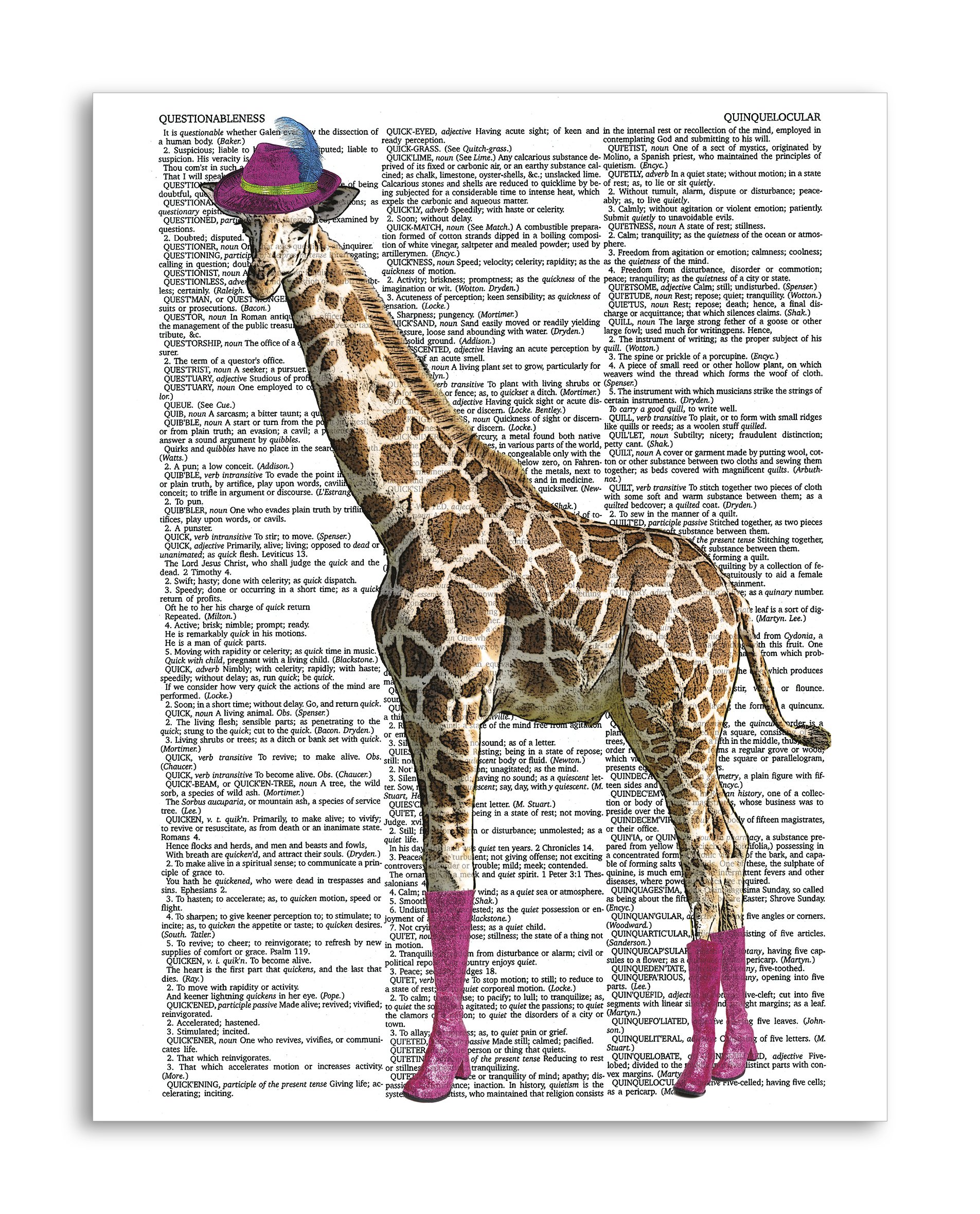 Giraffe in Boots 8.5x11 Inch Wall Art Print - Unique Dictionary Mixed Media Poster on Semi-Translucent Paper - Perfect for Nursery, Kids Room & Bohemian Home Decor