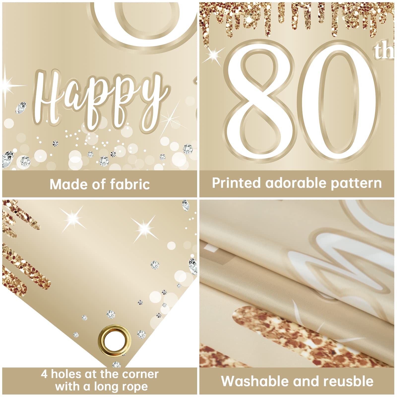 Elegant Gold & White 80th Birthday Banner Backdrop - 72.8x43.3 Inch Photo Booth Background for Women's Milestone Celebration - Perfect for Party Decorations, Signage & Memorable Photo Ops
