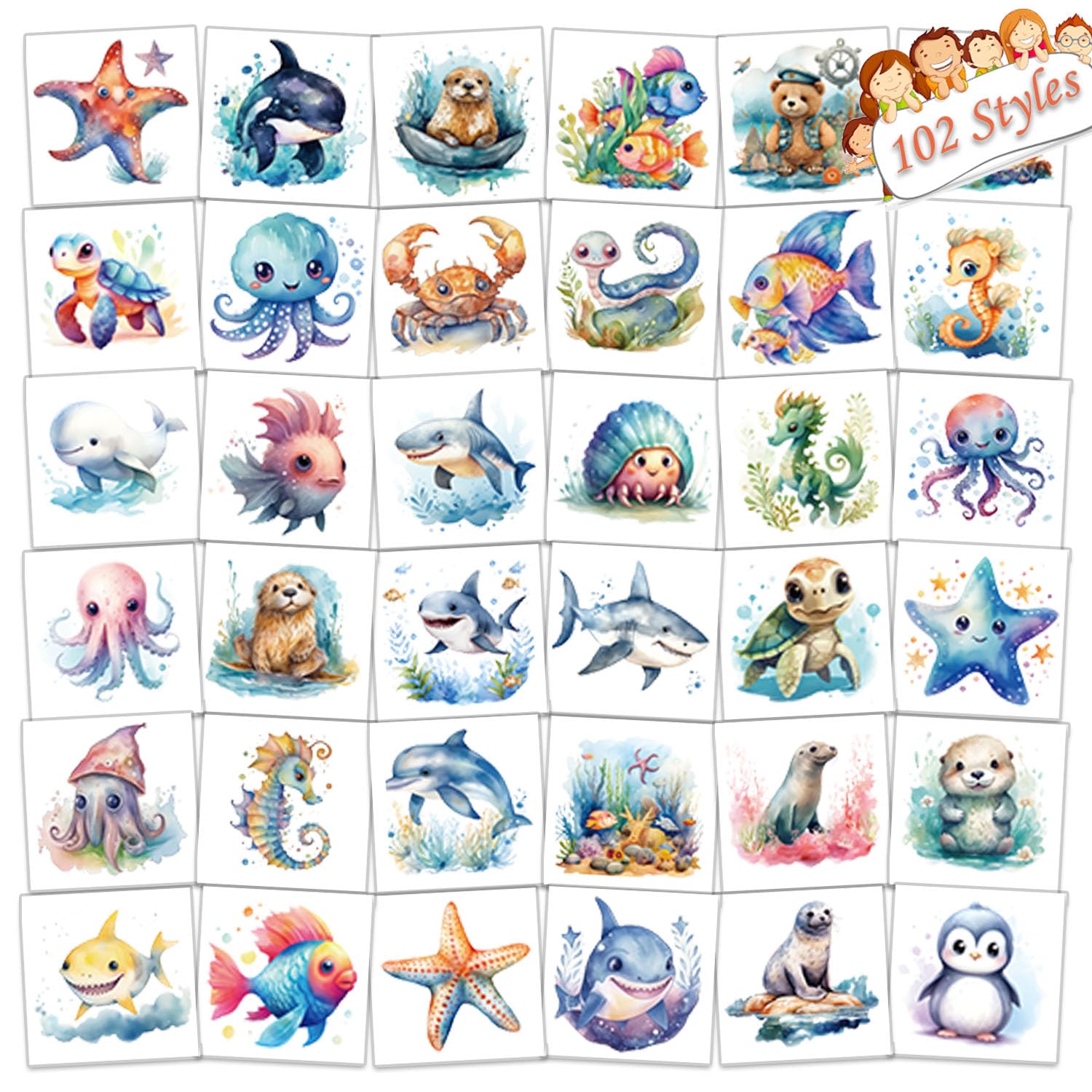 102-Piece Individually Wrapped Ocean Animal Temporary Tattoos for Kids - Cute Sea Creature Stickers for Boys & Girls, Arm & Shoulder Tattoo Set, Perfect for Birthday Parties, Summer Camp, Beach Themes & Kids Gifts