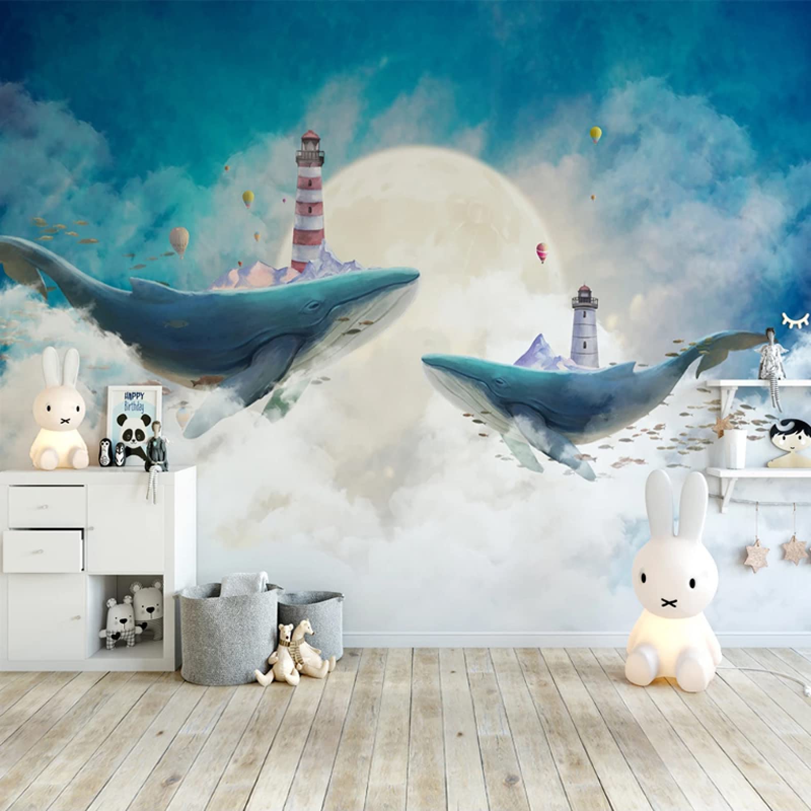 Nordic Style Sky Blue White Clouds Cartoon Whale Wallpaper - Kids Room Decor, Living Room, Study & Bedroom Mural Art - Waterproof Peel & Stick Wall Decals for Nursery, Playroom & Home Decor
