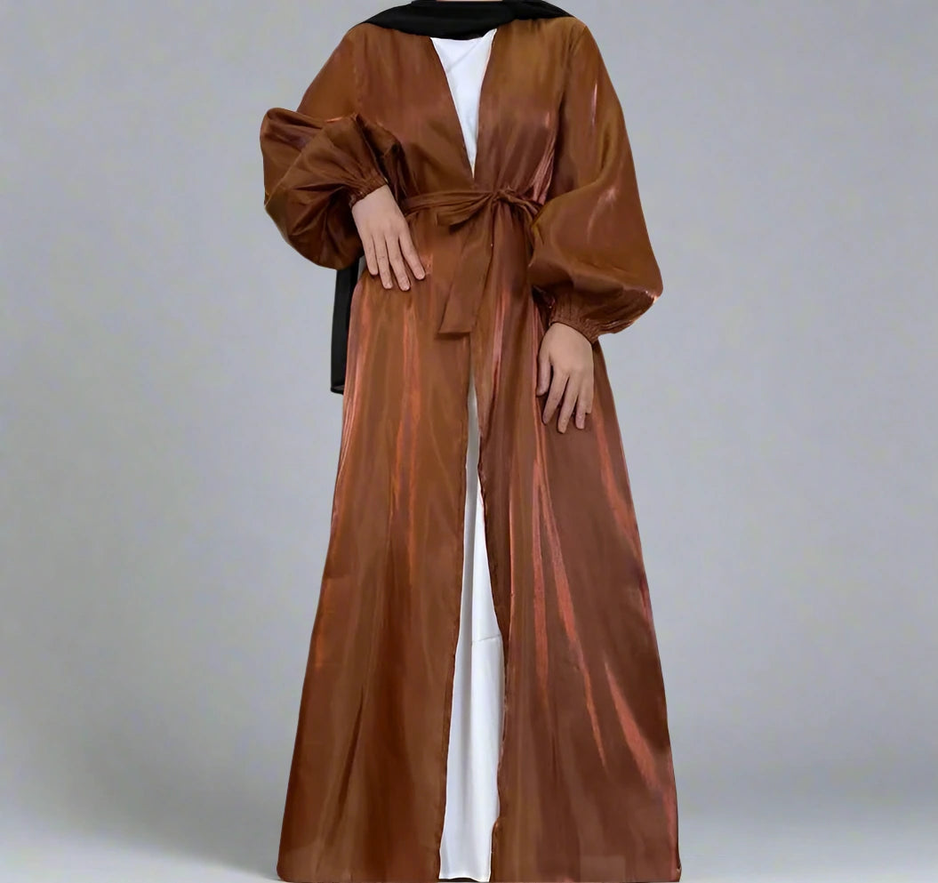 Elegant Satin Open Abaya Dress for Muslim Women - Soft Silk-Like Fabric, Modest Prayer Dress for Eid, Ramadan & Special Occasions