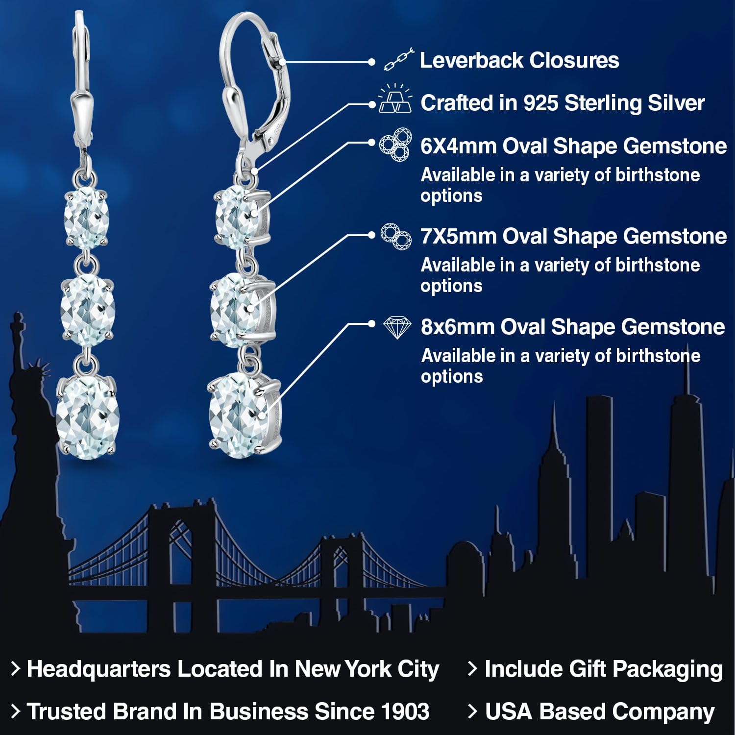 Gem Stone King 3-Stone Leverback Drop Dangle Earrings for Women - 925 Sterling Silver Birthstone Jewelry | Oval 8x6mm, 7x5mm & 6x4mm Gemstones | Elegant Gift for Mom, Wife, Her | Perfect for Weddings, Anniversaries & Special Occasions