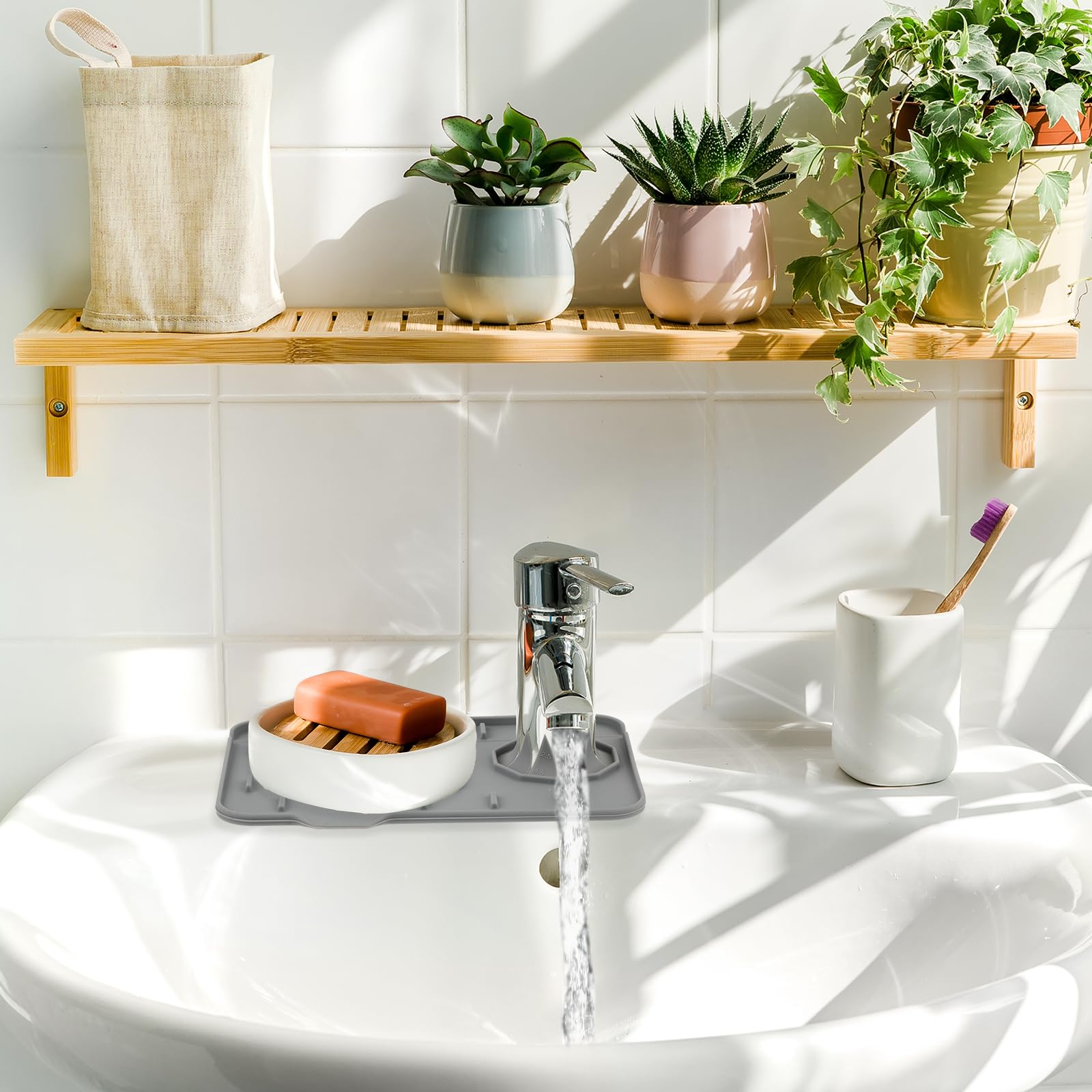 Premium Silicone Sink Splash Guard Mat - Non-Slip Soap Dish, Faucet Drip Catcher & Sponge Holder - 8.3