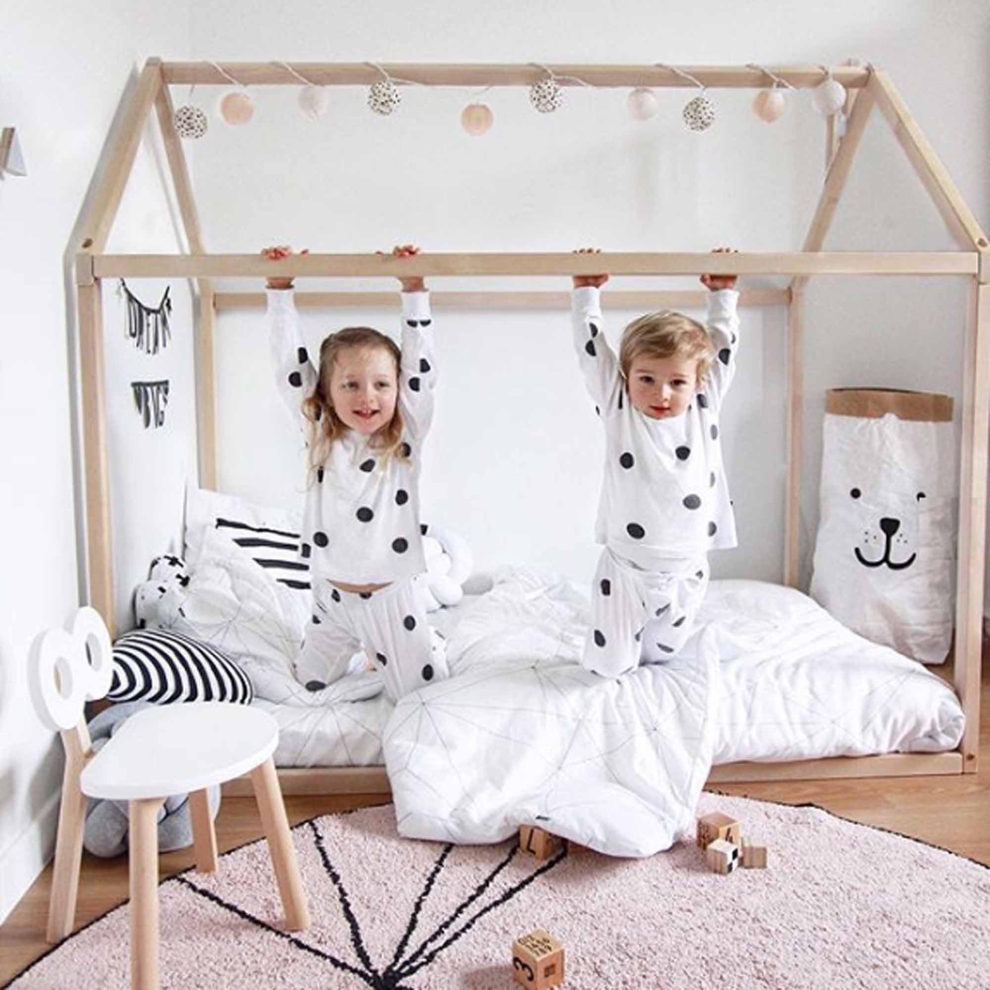 **Toddler Bed Frame - Wooden House Design Floor Bed with Twin Size Mattress Slats (39