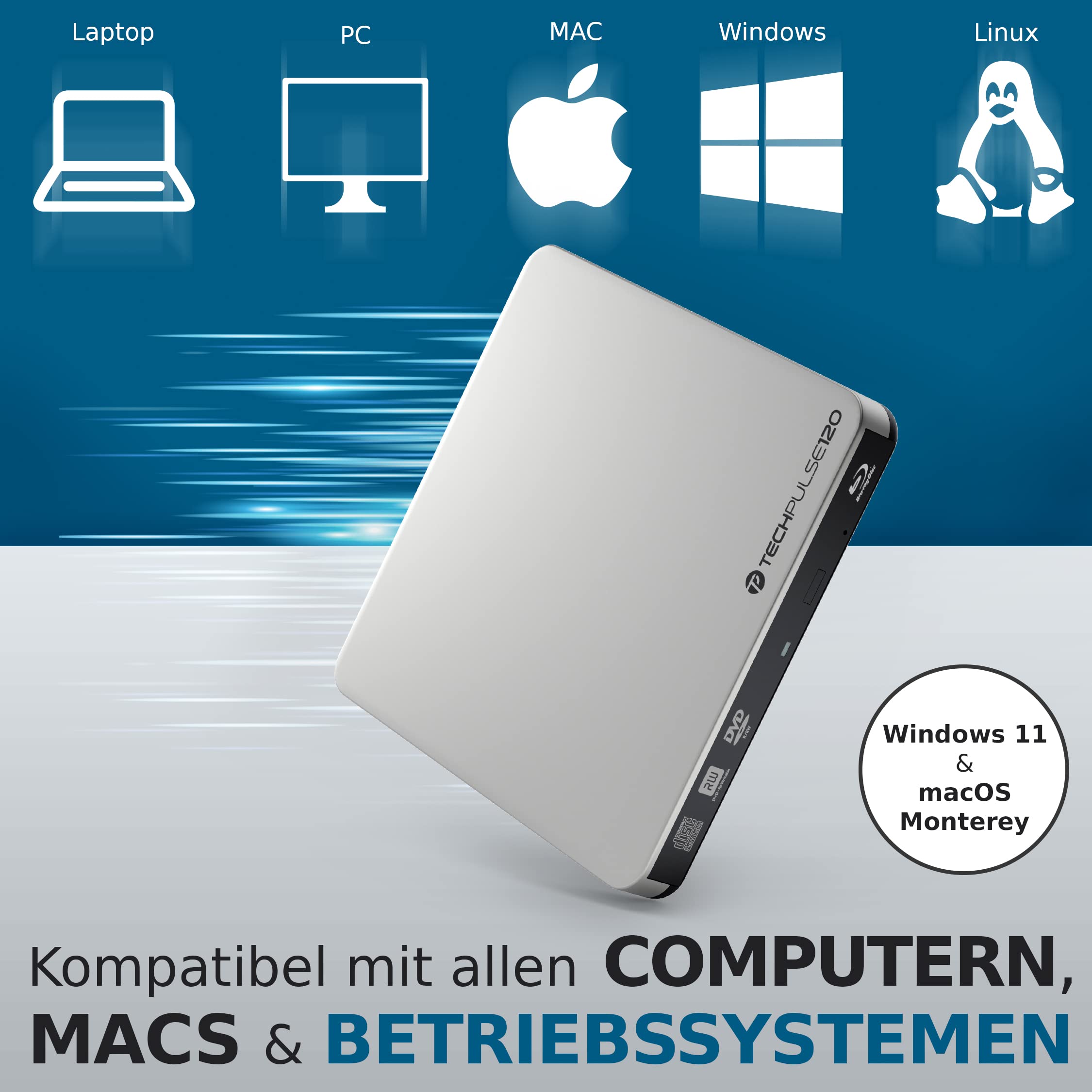 TechPulse120 Portable USB 3.0 External Blu-Ray Burner Drive - Slim BD/DVD/CD Writer for Windows & Mac (MacBook Pro/Air, iMac) | Perfect for Movie Playback, Data Backup & Media Creation