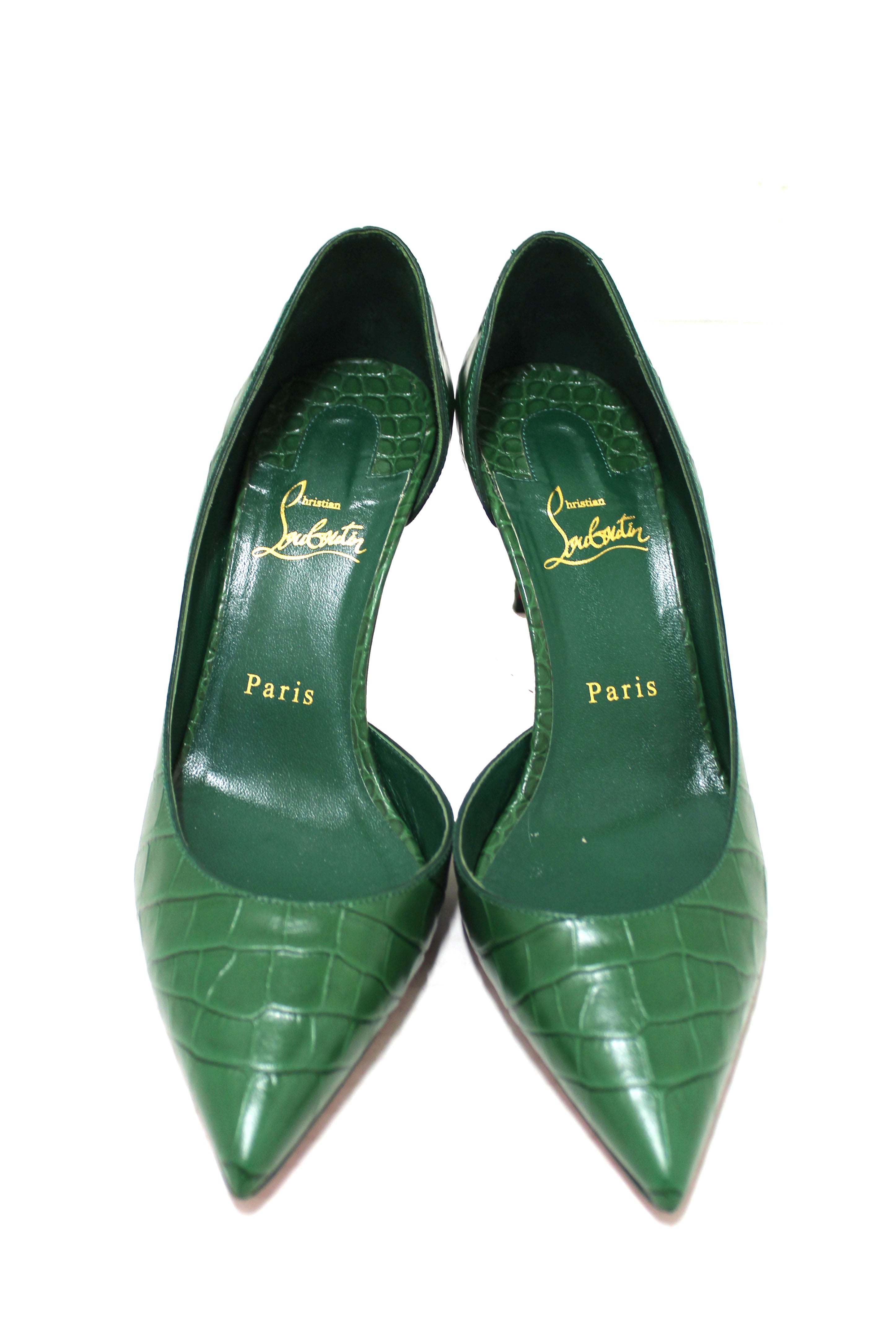 Authentic Christian Louboutin Green Crocodile Leather Pointed Toe Stiletto Heels Women's Size 38.5 - Luxury High Heels for Parties, Weddings & Special Occasions
