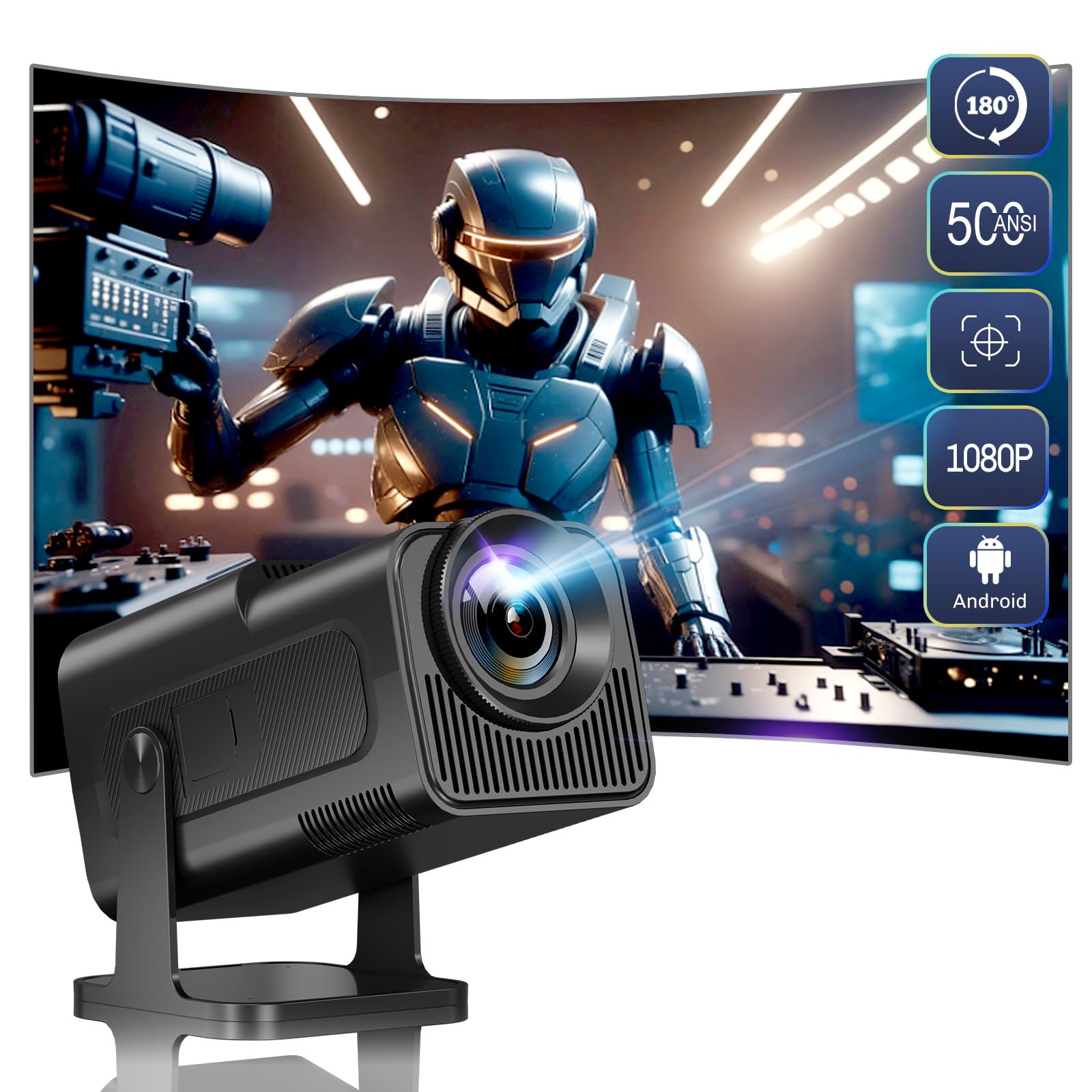 HIPPUS Smart Mini Projector - 180° Adjustable Stand, Full HD 1080P & 4K Support, WiFi 6 & Bluetooth, Auto Keystone, Android 11.0 - Portable Home Theater Projector for Movies, Gaming & Outdoor Entertainment (Black)