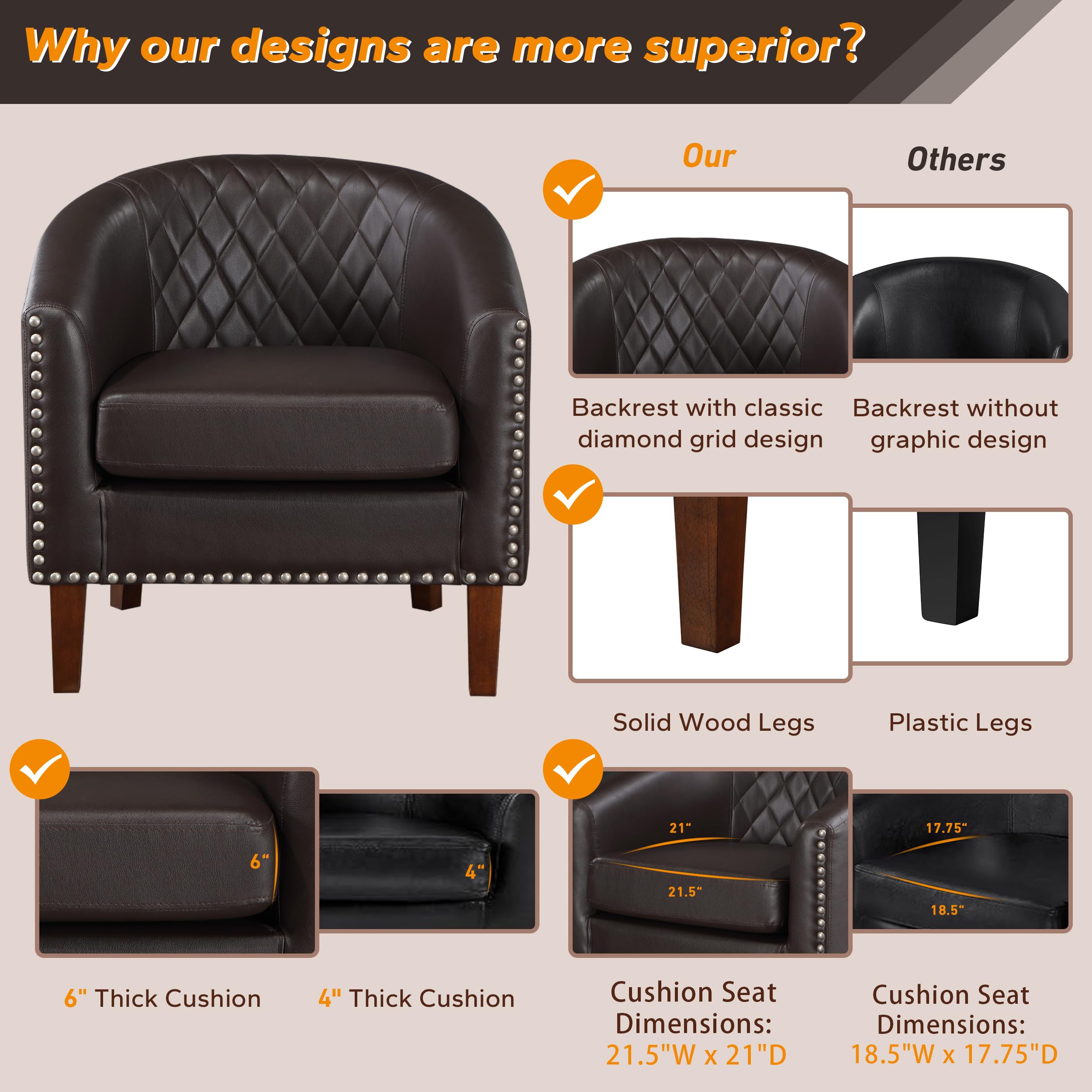 Premium Faux Leather Barrel Accent Chair Set of 2 - Comfortable Living Room Club Chairs with Cushion, Diamond Grid Backrest & Nailhead Trim - Perfect for Home Office, Bedroom, Guest Room & Waiting Areas (Brown) - Great for Relaxing, Reading or Adding Elegant Seating to Any Space