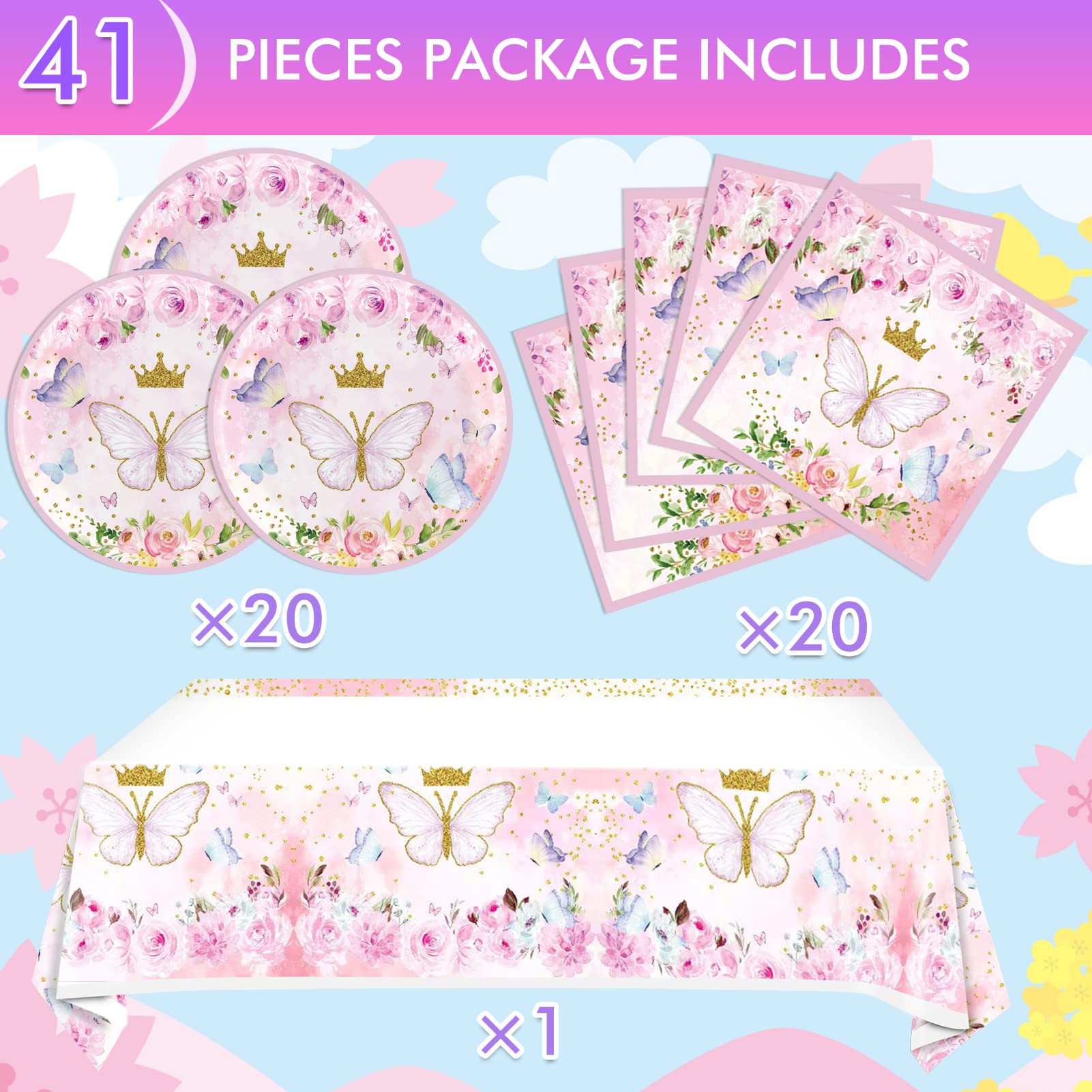 Butterfly Party Decorations for Spring - 20-Person Tableware Set with Plates, Napkins & Themed Plastic Tablecloth - Perfect for Baby Showers, Birthday Parties & Garden Celebrations