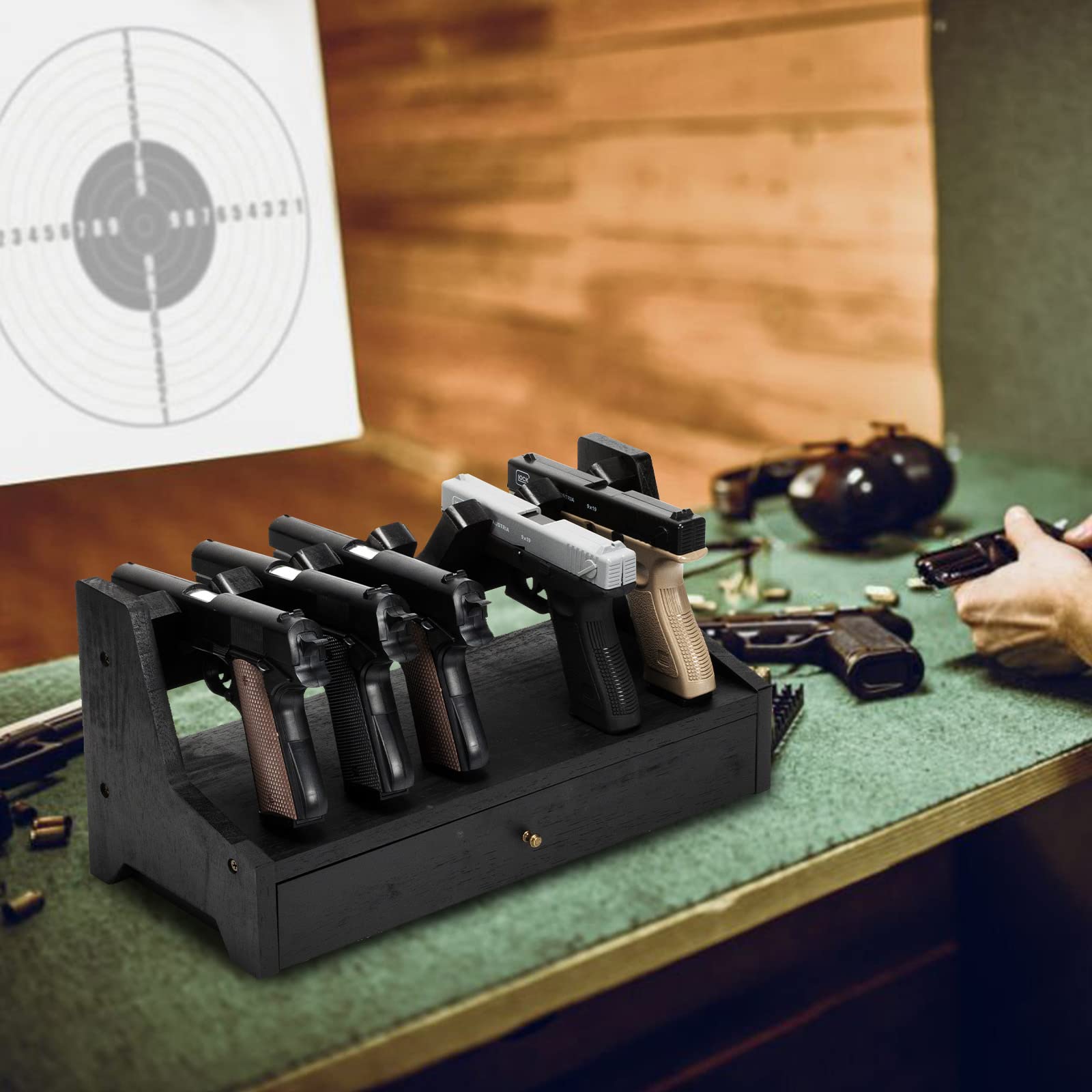 Pistol Rack Gun Safe - Real Wood Handgun Holder for Gun Cabinet Accessories | Rustic Style Nightstand Gun Organizer | Perfect Gift for Men | Ideal for Home Defense & Firearm Storage
