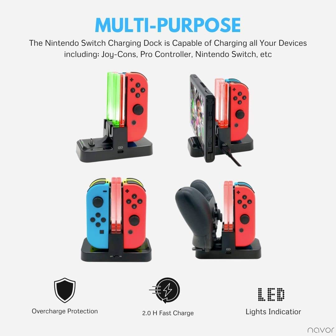 Navor Controller Dock Stand - Joy-Con & Pro Controller Charging Dock for Nintendo Switch - Fast USB-C Charging Station with LED Indicators - Perfect for Gaming, Multiplayer & Travel Accessories