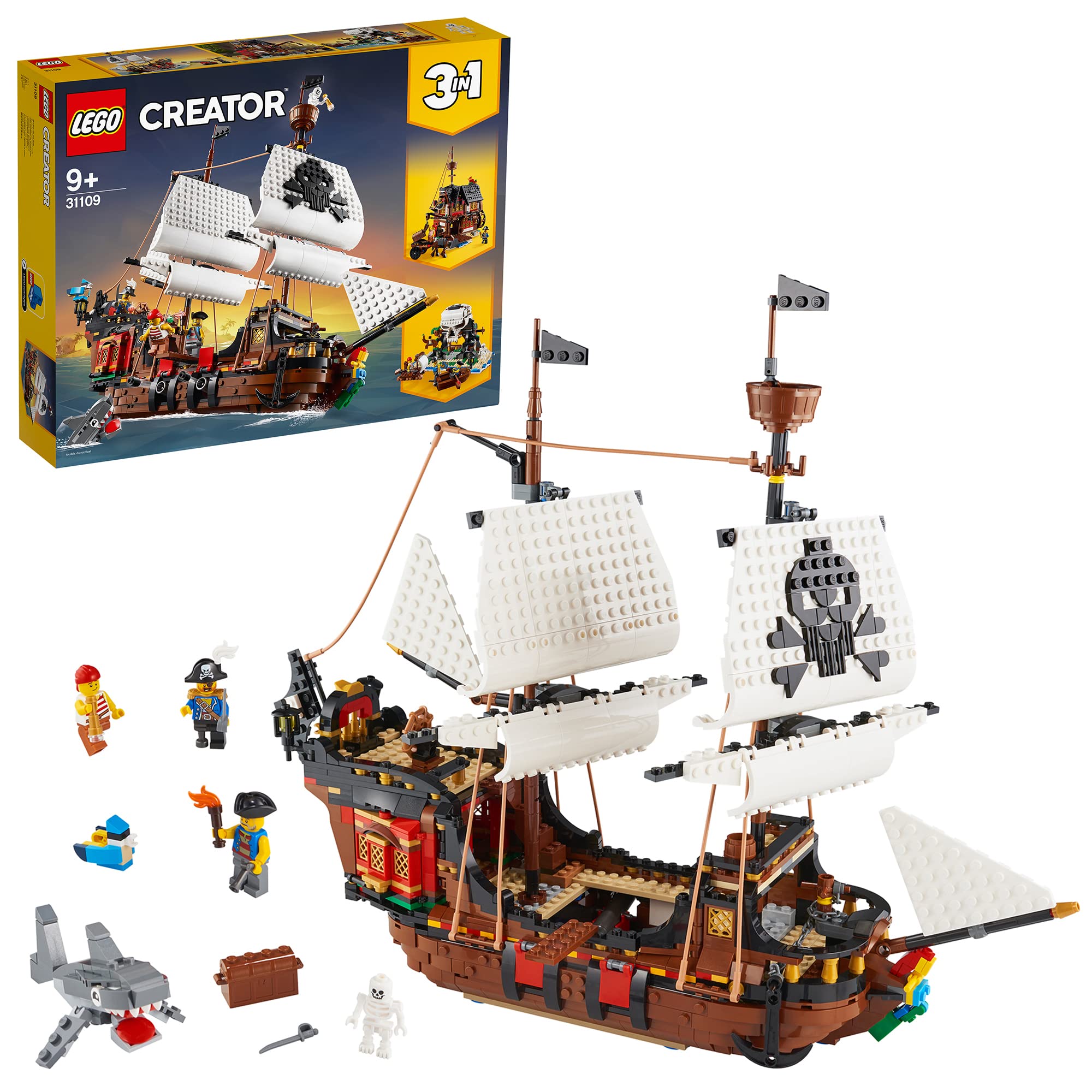 LEGO 31109 Creator 3-in-1 Pirate Ship Building Toy - Transformable to Tavern & Skull Island, Educational & Creative Construction Set for Kids Ages 9+ | Perfect for Imaginative Play, Birthday Gifts & STEM Learning Activities
