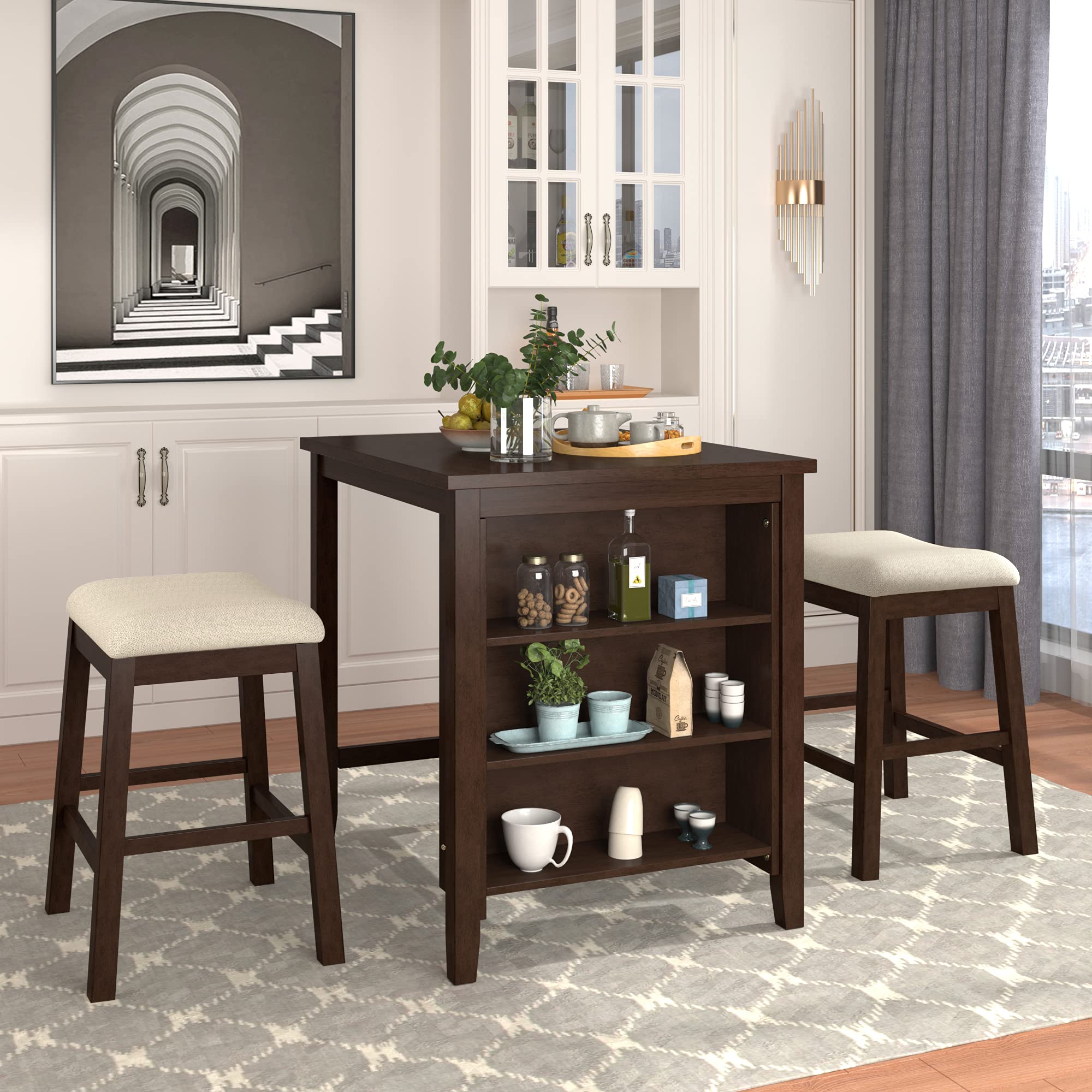 XD Designs 3-Piece Wooden Counter Height Dining Table Set with 2 Padded Stools & Side Storage Shelf - Space-Saving Kitchen, Living Room, Restaurant Furniture - Perfect for Small Spaces, Breakfast Nooks & Bistro Settings (Brown)