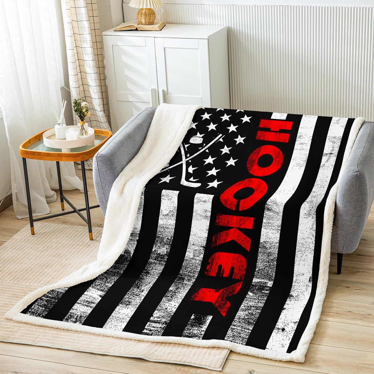American Flag Throw Blanket - Black & White Hockey Fleece Blanket 30x40 Inches - Soft Sherpa Plush Blanket for Boys, Girls, Teens & Adults - Perfect for Winter Sports, Bed, Sofa & Couch - USA Patriotic Gift for Christmas & Game Day
