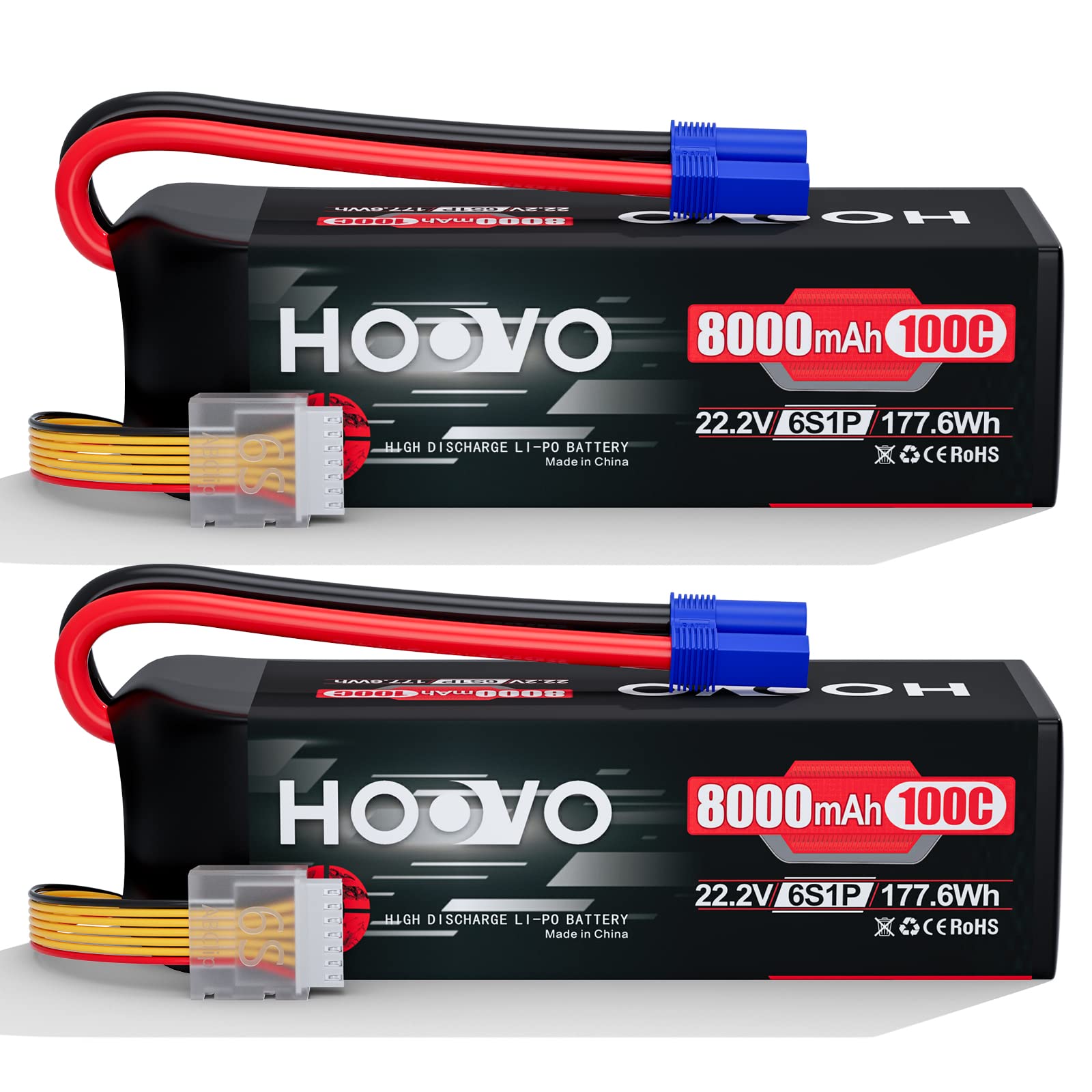 HOOVO 6S 22.2V 8000mAh 100C Lipo Battery with EC5 Plug - 2 Pack High Performance RC Battery for Traxxas UDR, RC Cars, Boats, Buggies, Trucks & Tanks - Perfect for Racing, Off-Road & Hobby Enthusiasts