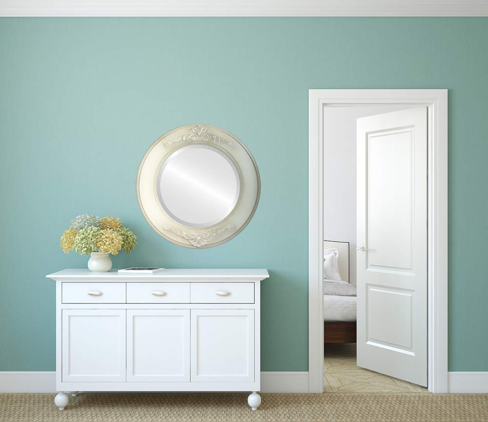 OVALCREST 19x19 Inch Round Beveled Wall Mirror - Ramino Style Taupe Framed Mirror for Living Room, Bedroom & Bathroom Decor - Home Interior Design Accent Piece