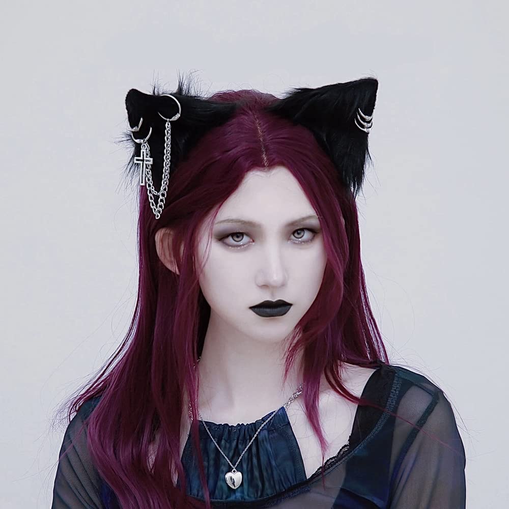 Gothic Punk Cat Ears Headband - VIGVAN Black Cross Cat Cosplay Accessories for Halloween, Anime Conventions & Gothic Fashion
