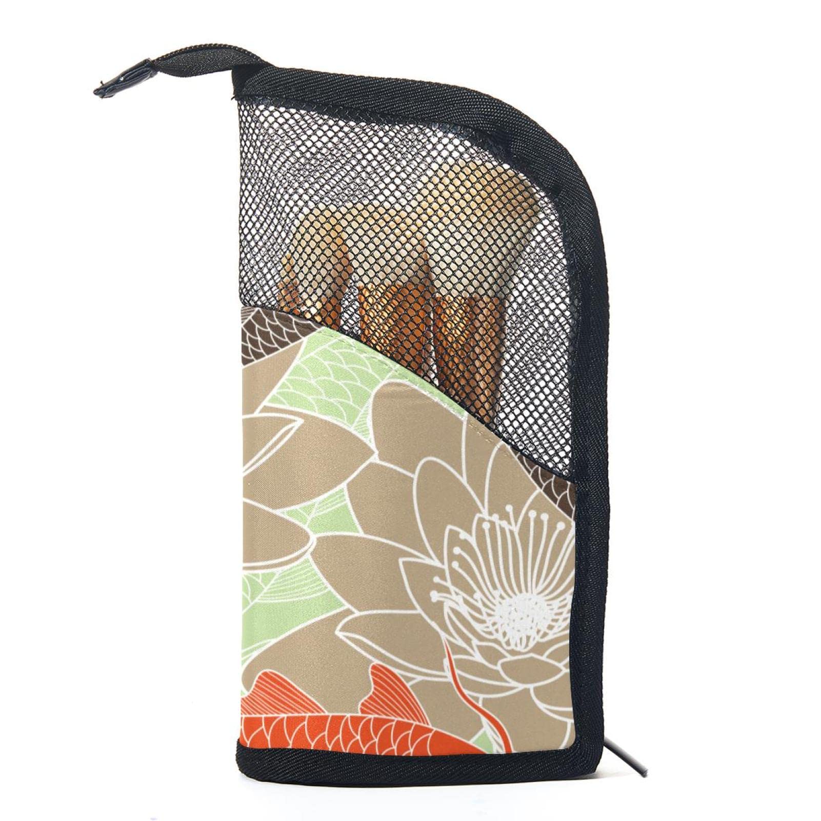 Portable Makeup Brush Organizer Bag with 12 Slots - Koi Lotus Leaf Fish Design Cosmetic Brush Holder Case for Travel & Home Storage