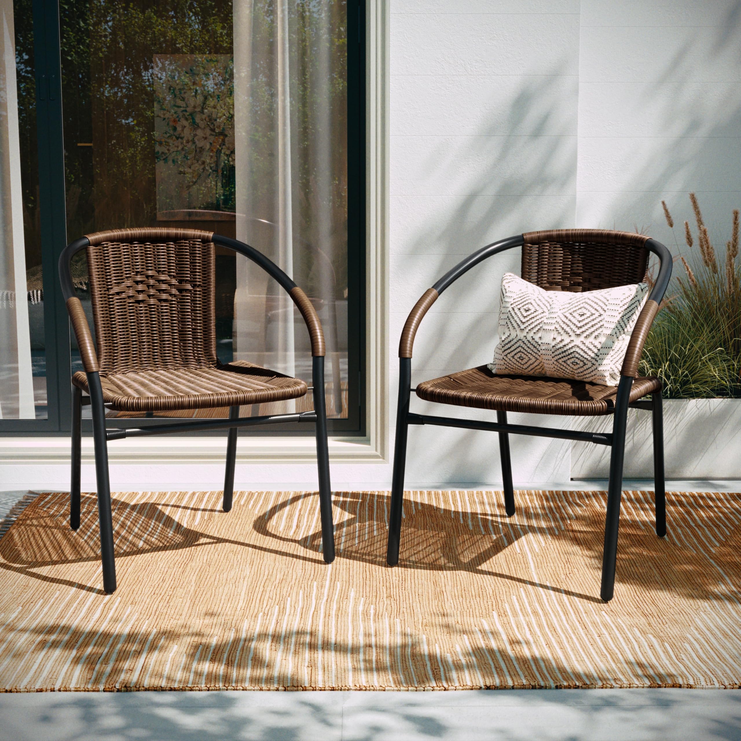 Flash Furniture Lila Modern Rattan Stackable Dining Chairs - Indoor/Outdoor Bistro Chairs Set of 2, Brown - Perfect for Patio, Restaurant, Cafe, and Home Dining Use