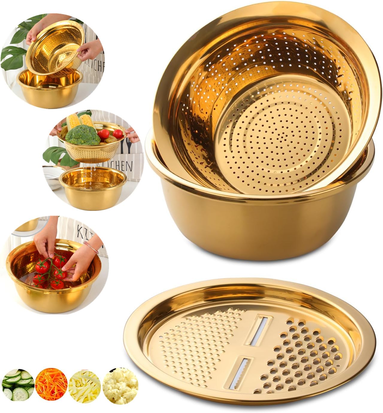 3-Piece Stainless Steel Colander Set - Vegetable Slicer, Potato Peeler, Carrot Grater & Strainer with Round Rice Washer Bowl (Gold) - Perfect for Kitchen Prep, Salad Making & Draining Pasta