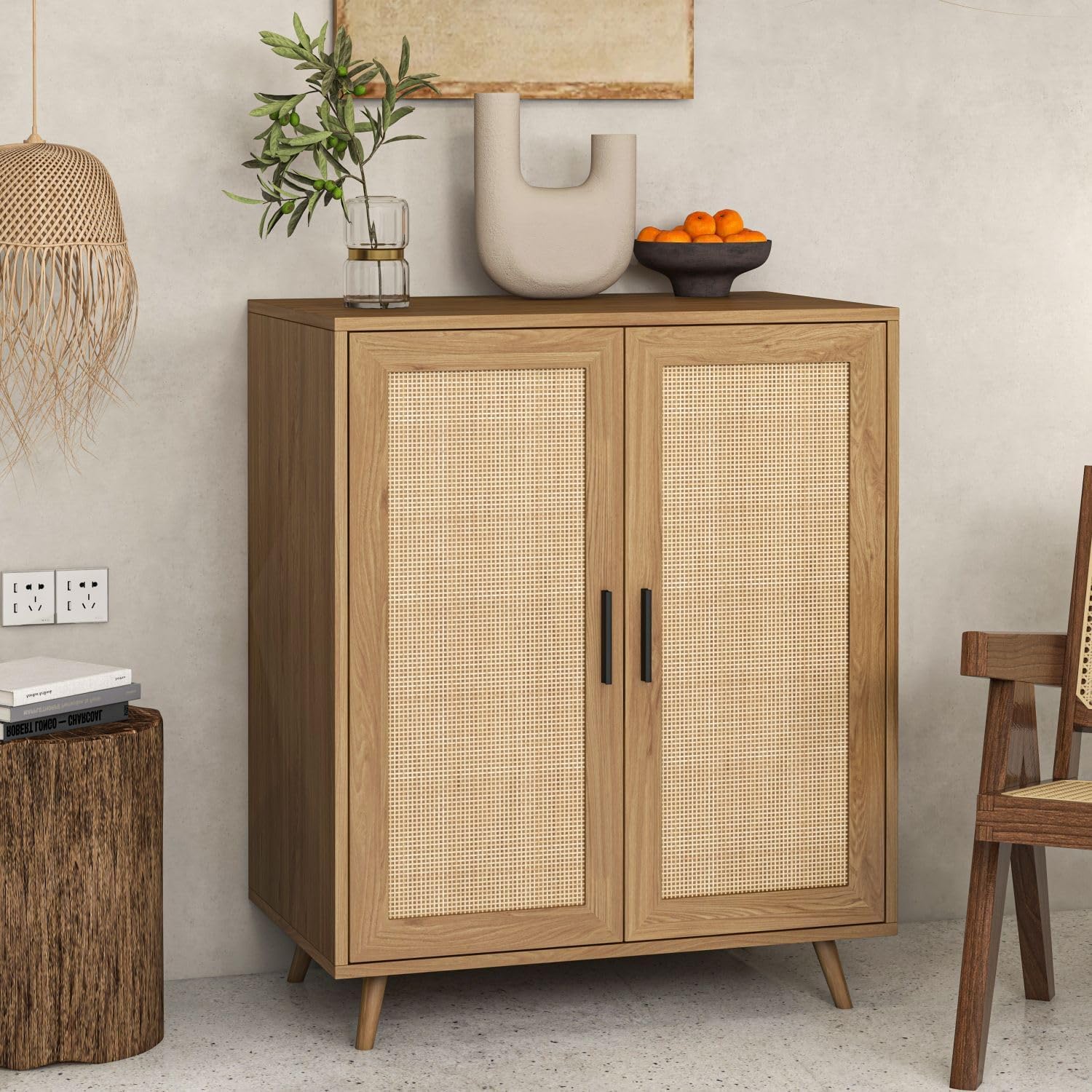 Xilingol Rattan Storage Cabinet - Buffet Sideboard with Woven Rattan Doors & Solid Pine Wood Feet - Entryway, Hallway, Living Room Accent Furniture - Perfect for Farmhouse, Coastal, or Boho Home Decor