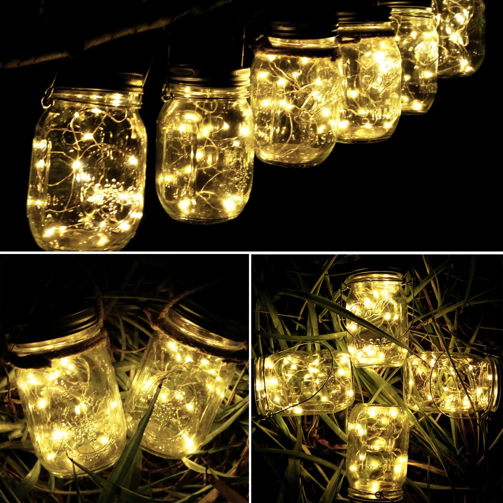 10 Pack Solar Mason Jar Light Lids - 20 LED Fairy String Lights with Hangers, Waterproof & Rust-Resistant for Outdoor Decor - Perfect for Patio, Lawn, Garden, Wedding & Lantern Lighting (Warm White)