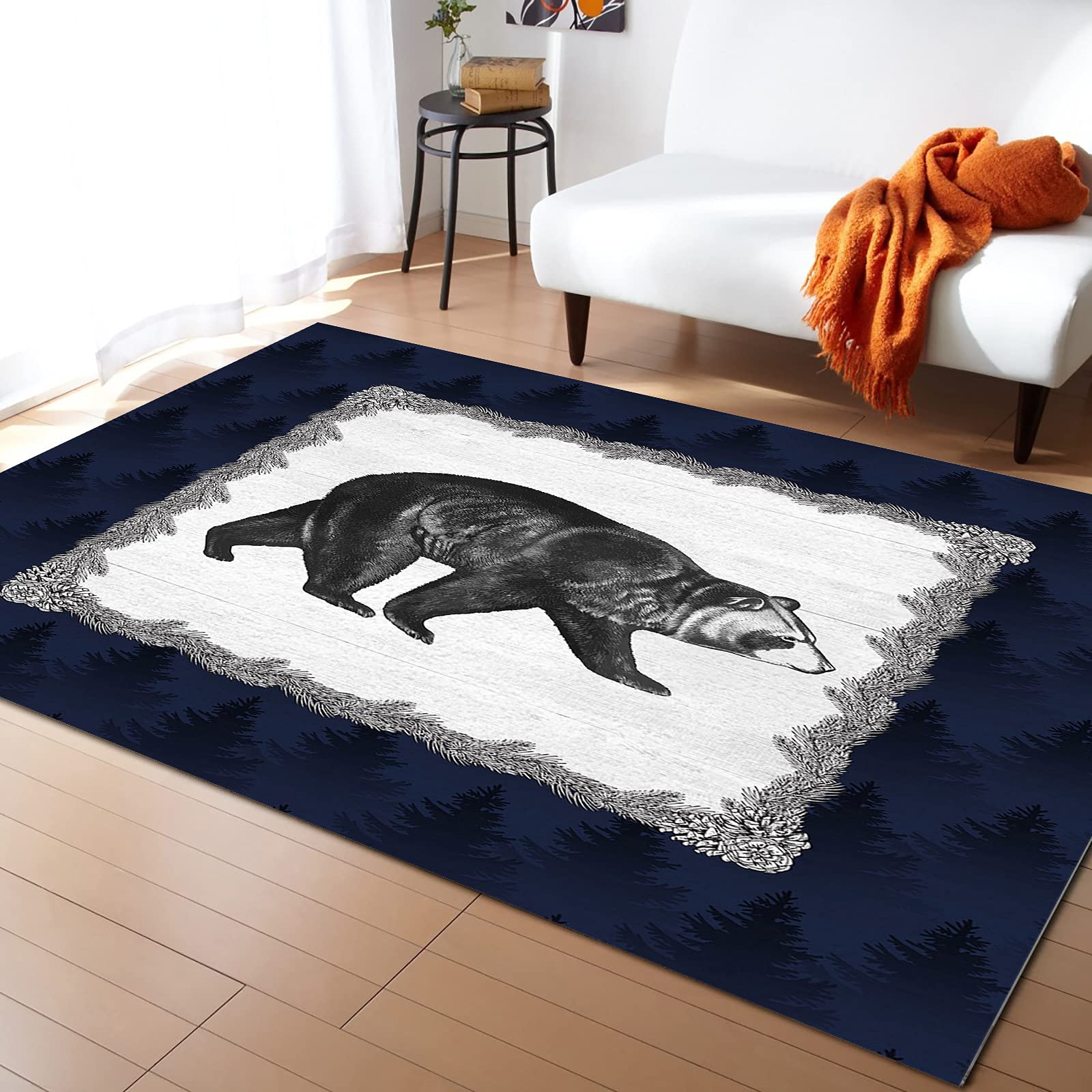 Modern Large 3' x 5' Non-Slip Washable Area Rug - Gray Wood Grain Bear Pattern Runner Carpet for Bedroom, Living Room, Kitchen, Bathroom & Outdoor Use - Blue Pine Forest Texture Backdrop Home Decor