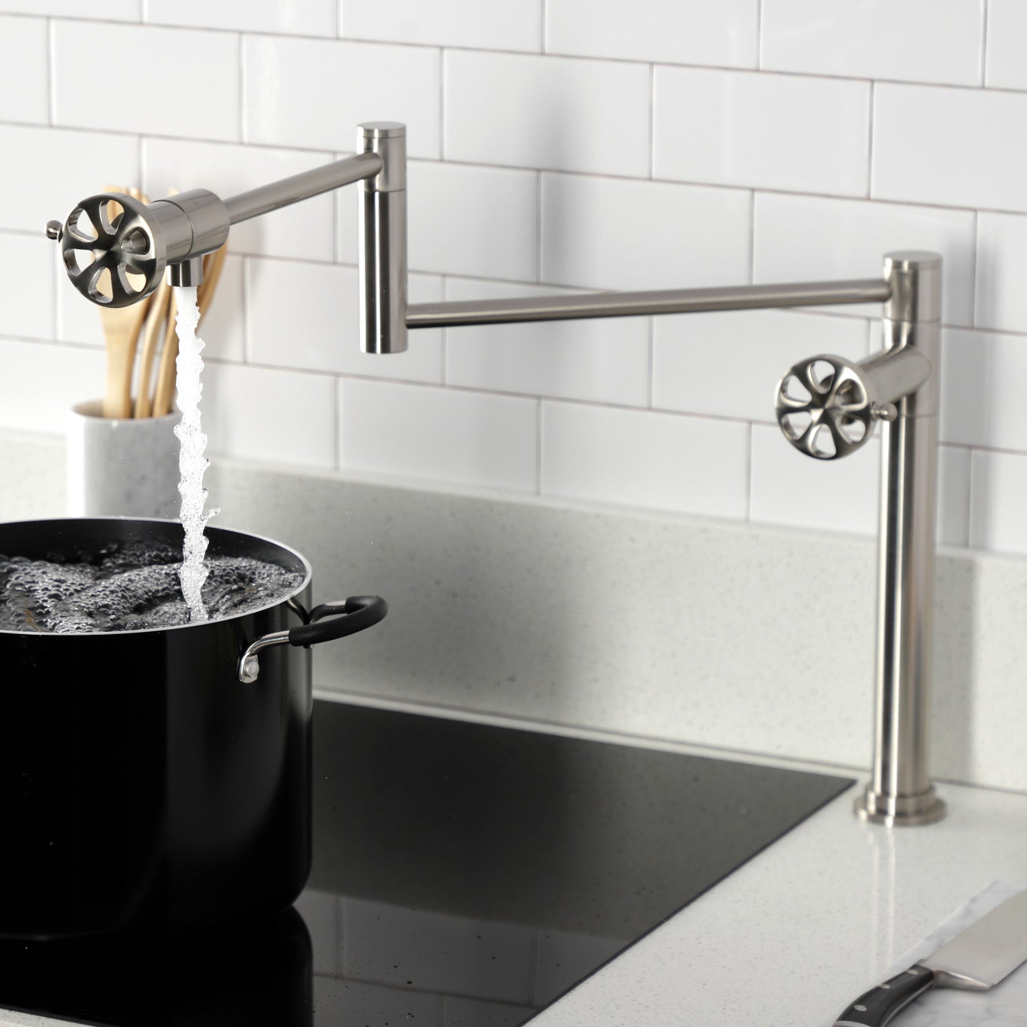 Belknap KS4708RX Brushed Nickel Two Handle Deck Mount Pot Filler Faucet - Perfect for Kitchen Sink, Stove & Cooking Area