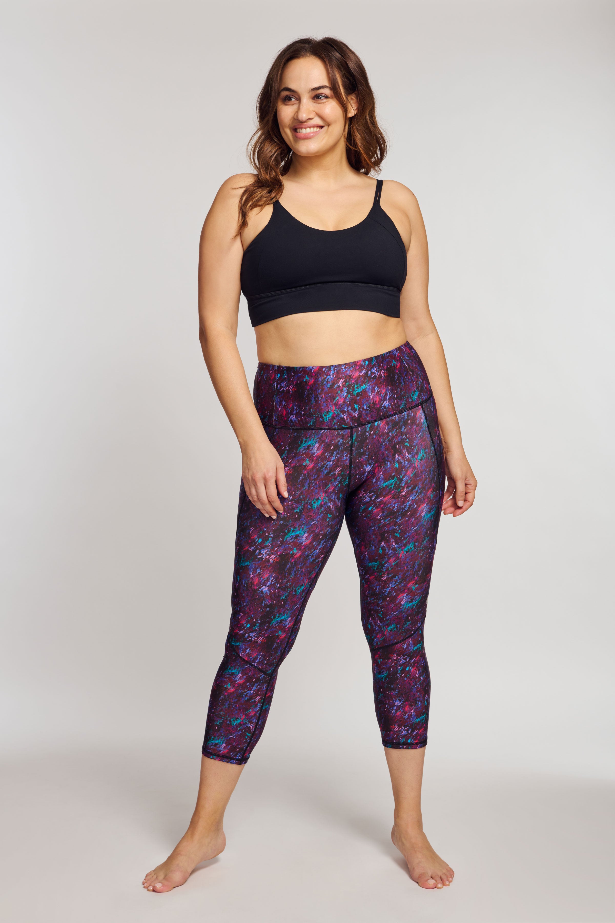 High Waisted Slimming Capri Leggings for Women - Moving Waters Berry Print - Tummy Control Workout Yoga Pants for Running, Gym & Lounge Wear
