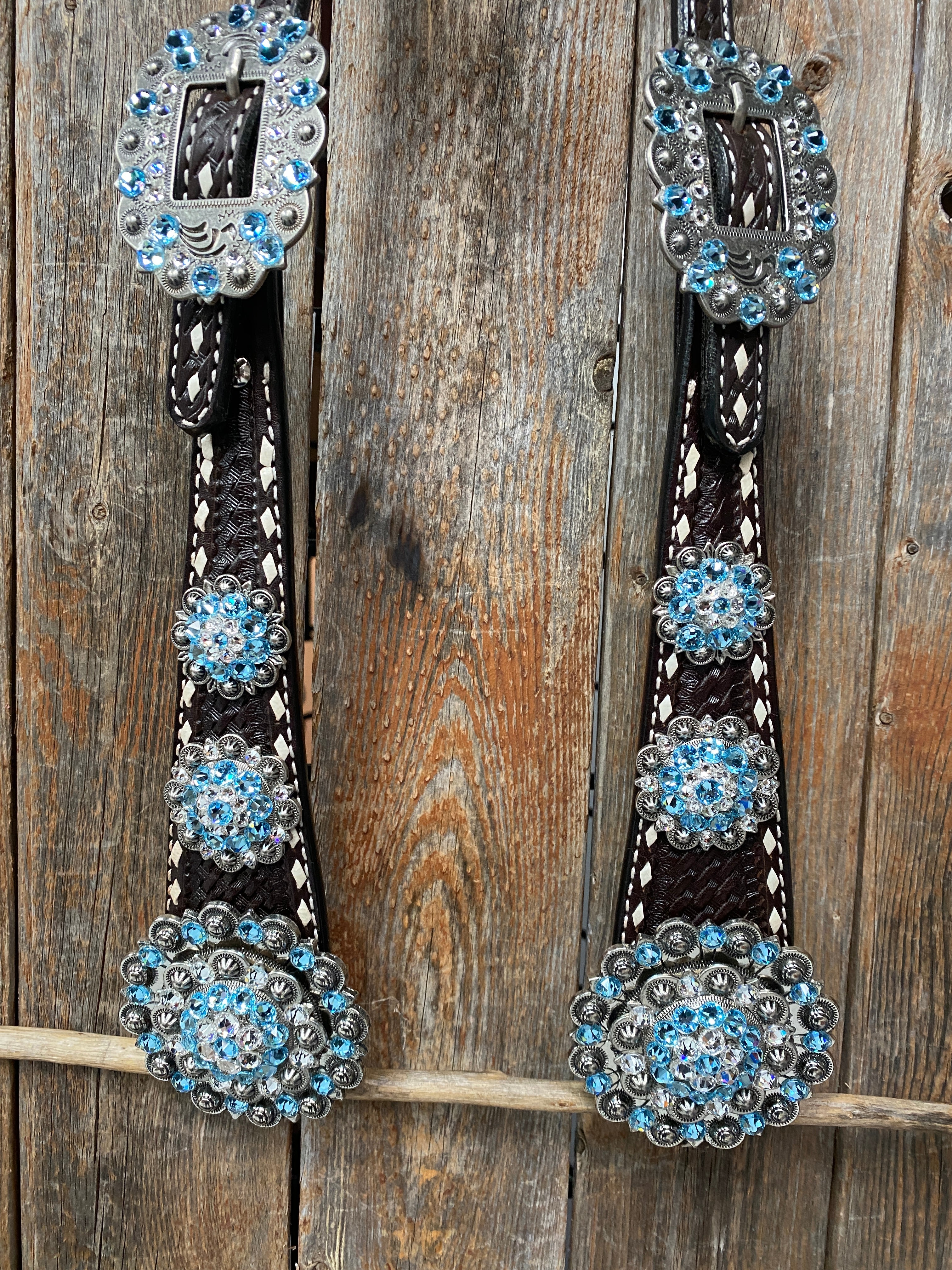 Premium Dark Oil Buckstitch Aqua & Clear One Ear & Breastcollar Tack Set #OEBC439 - Western Horse Riding Show & Trail Equipment