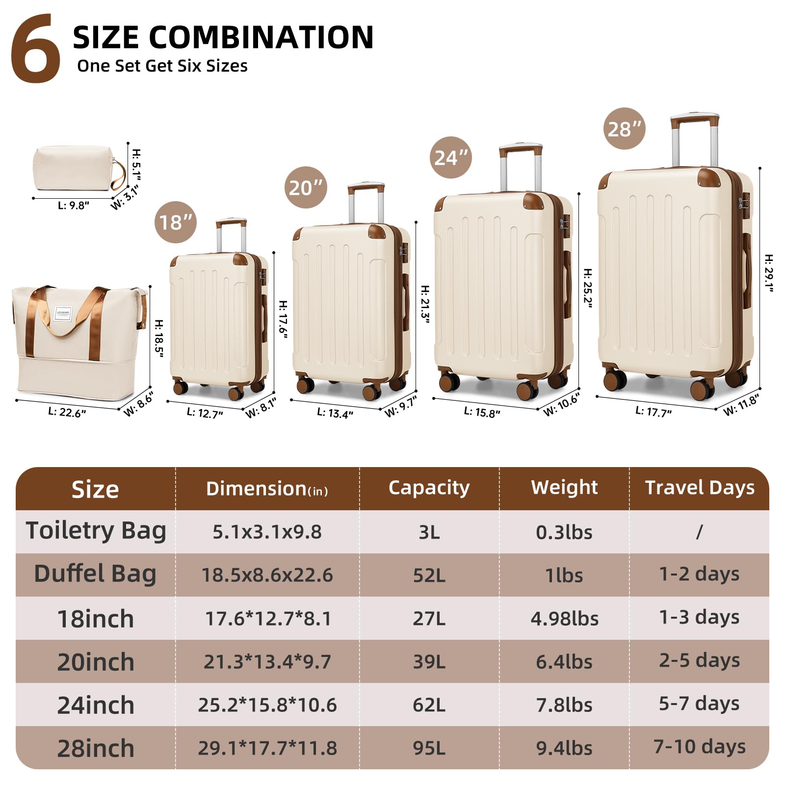 LARVENDER 6-Piece Hardshell Expandable Luggage Set with Spinner Wheels & TSA Lock - Lightweight ABS Travel Suitcases for Women (White/Brown) - Perfect for Family Vacations, Business Trips & International Travel