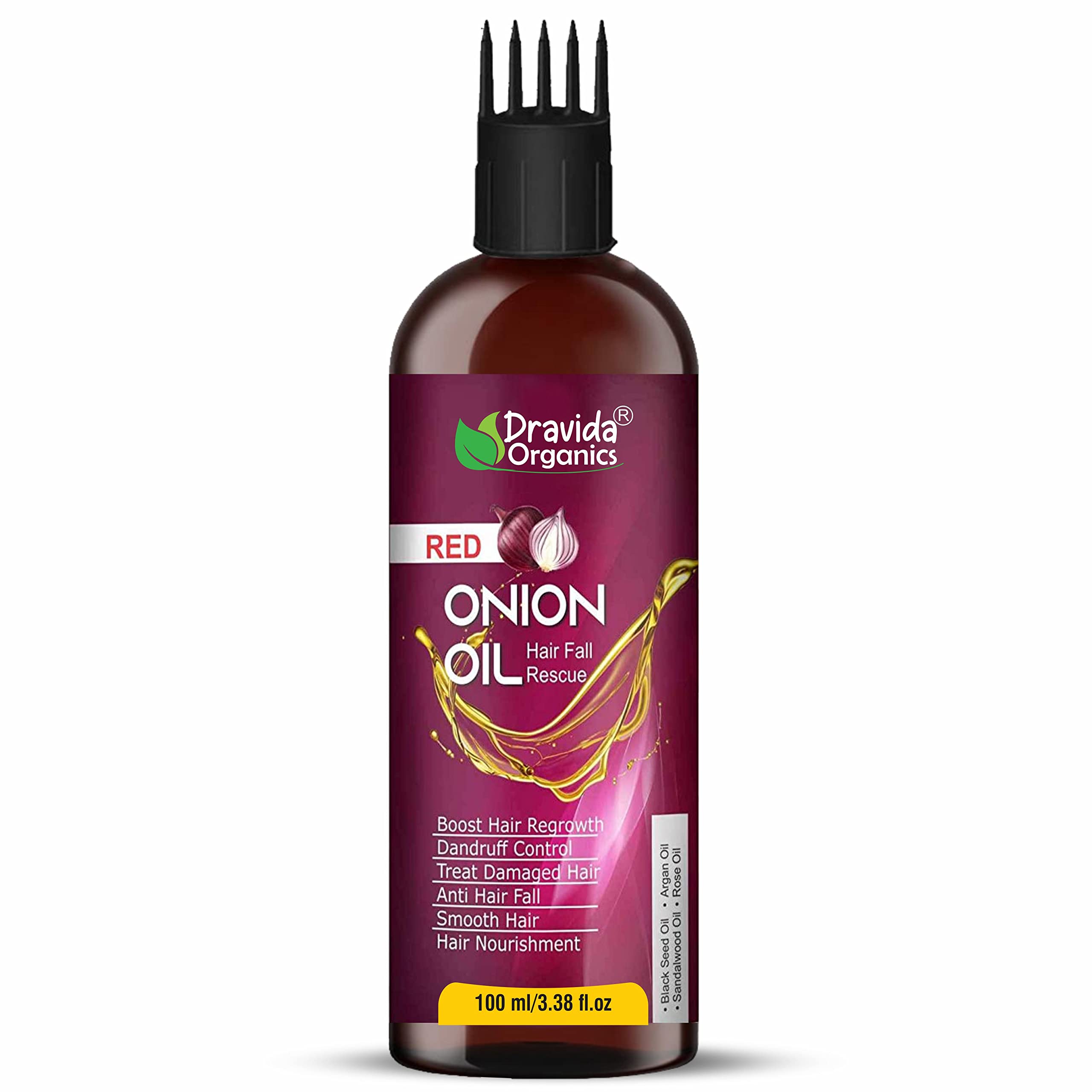 Dravida Organics Onion Black Seed Hair Oil with Comb Applicator - Natural Hair Growth Treatment for Hair Fall Control - Sulfate Free, Mineral Oil Free, Silicone Free (100ml) - Perfect for Daily Hair Care & Scalp Massage
