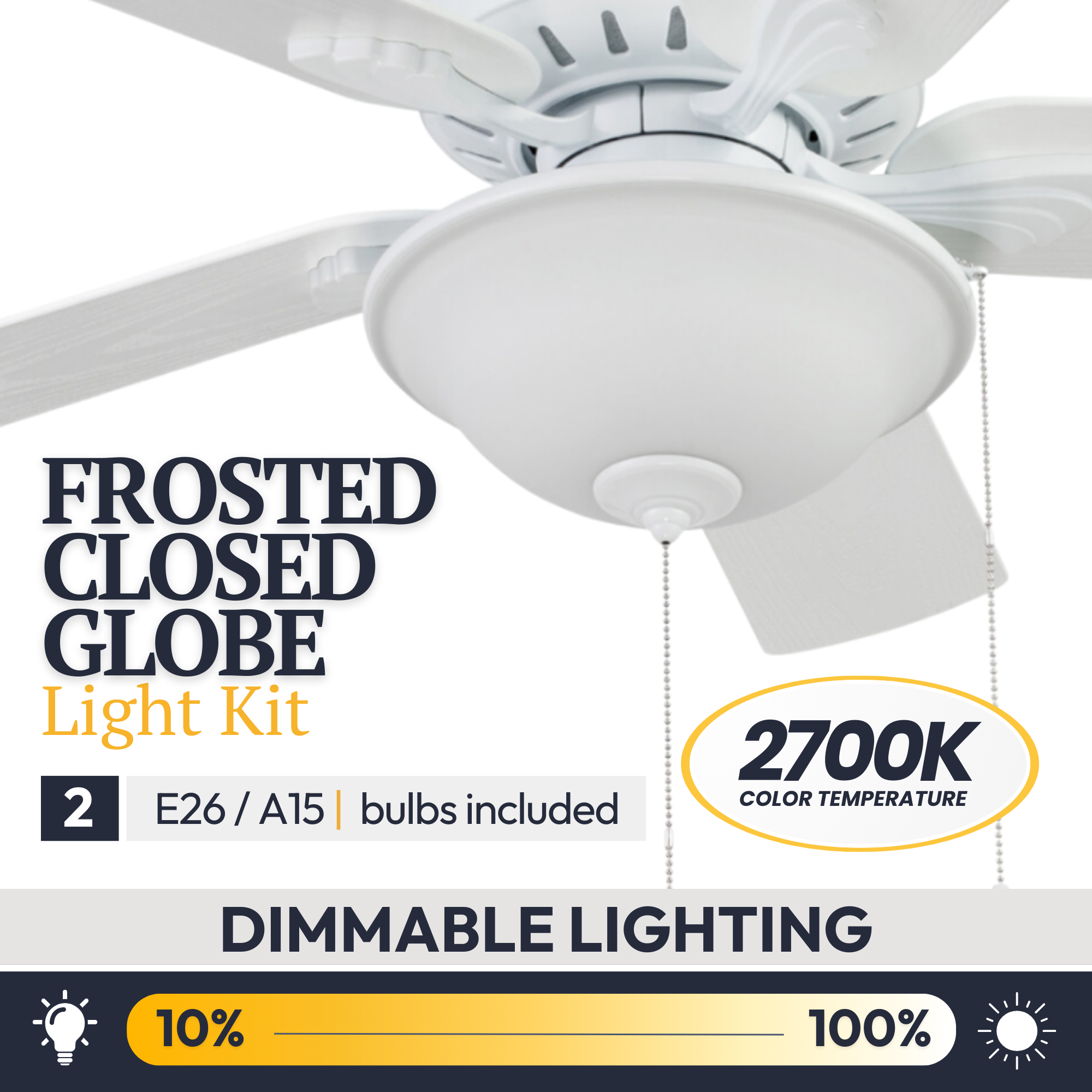 42 Inch Viretta White Ceiling Fan with Pull Chain - Indoor/Outdoor Use for Living Room, Bedroom, Patio & Porch